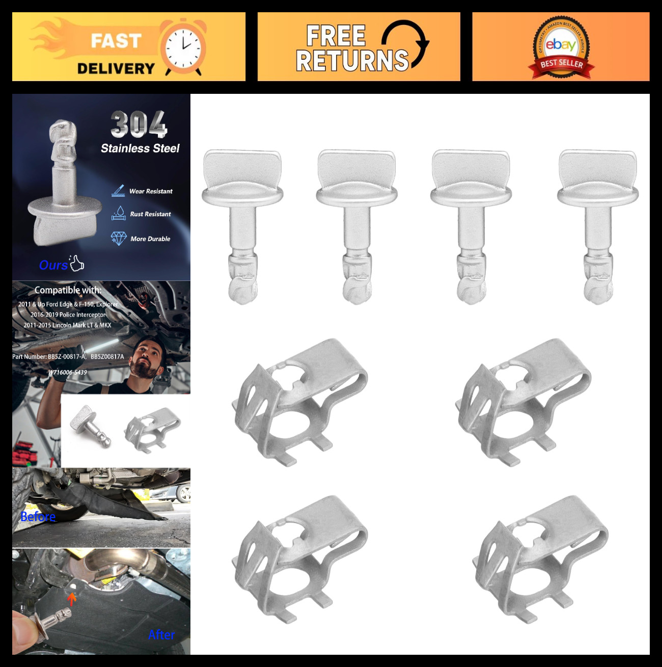 4 Sets Radiator Support Splash Shield Fasteners Kit, Quarter Turn Thumb Screws &