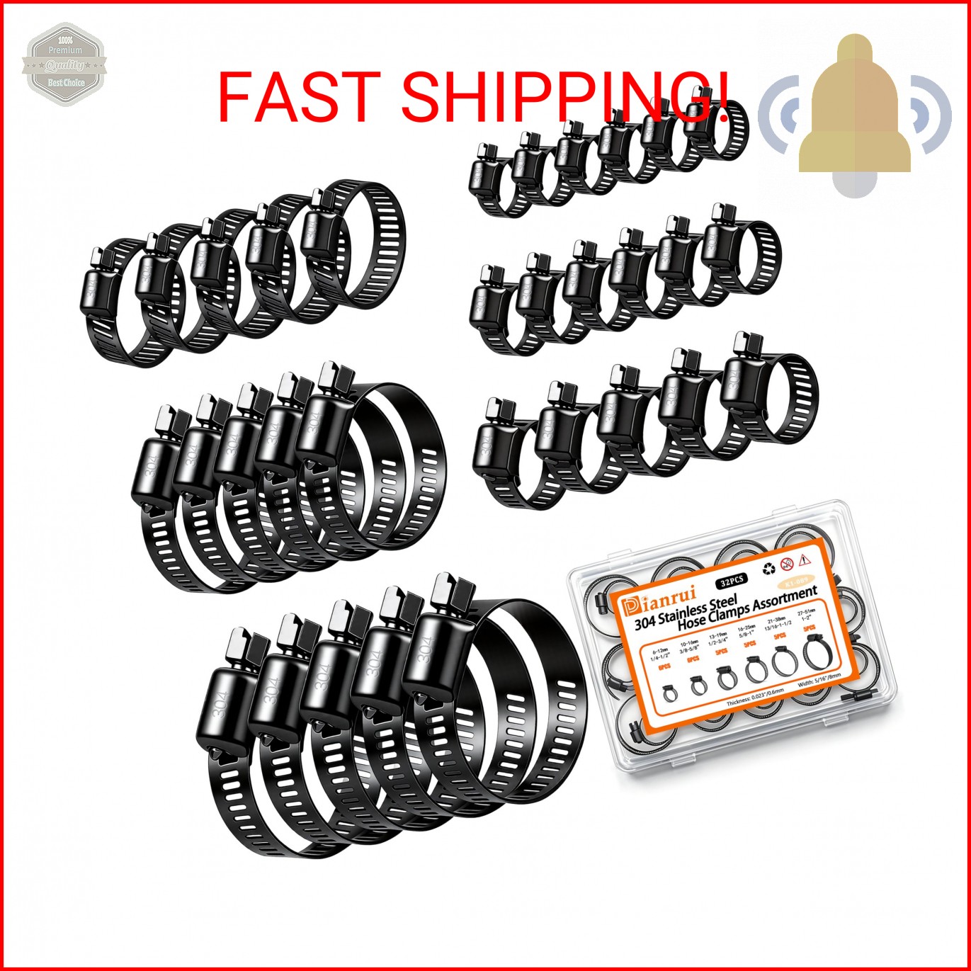 Dianrui 32 PCS Black Hose Clamps Assortment Kit 1/4″–2″ (6-51mm) Hose Clamps Sta