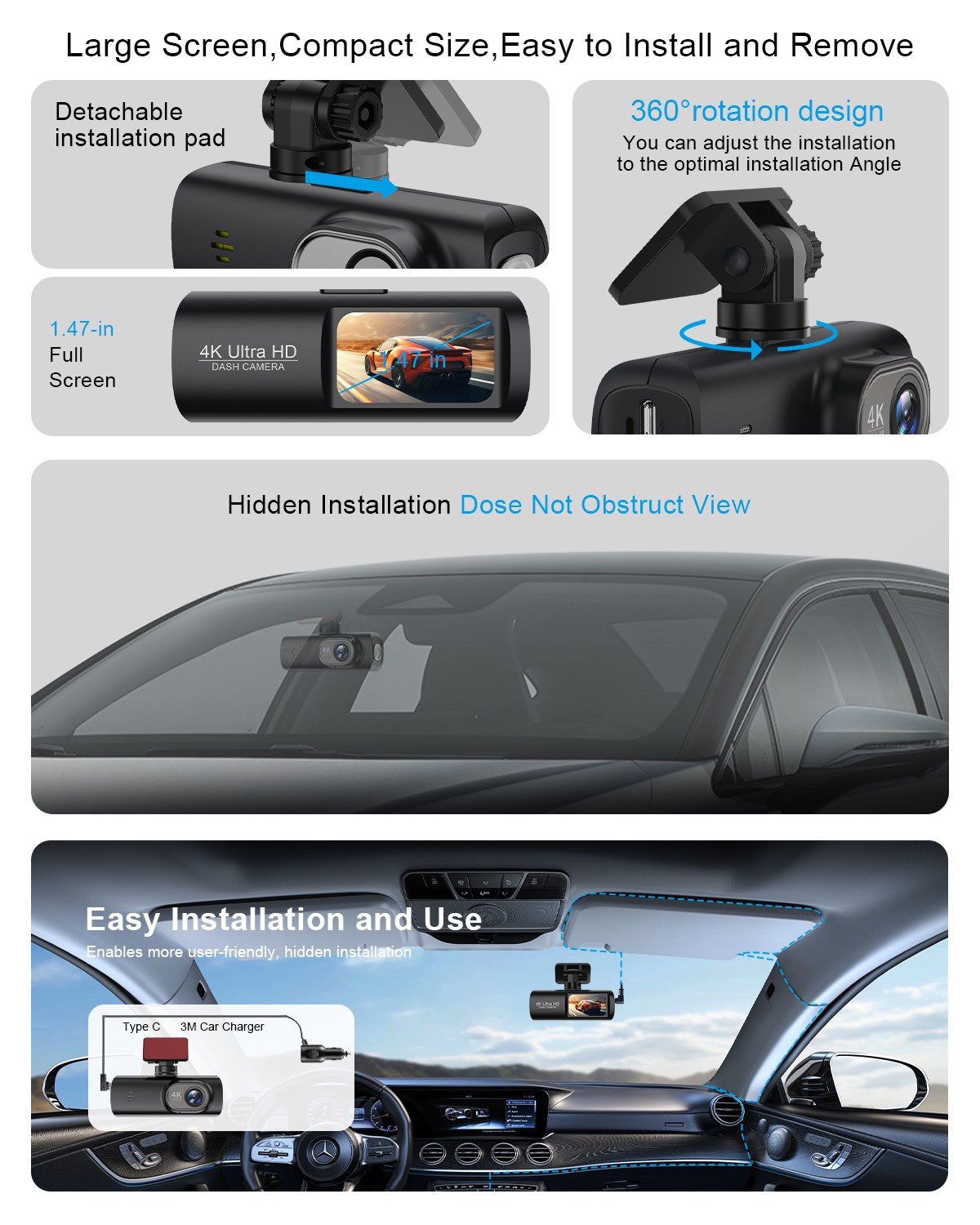 Soam Ultra 4K Front and Rear 1080P Dash Cam, Built-in WiFi, Free 32G Memory Card