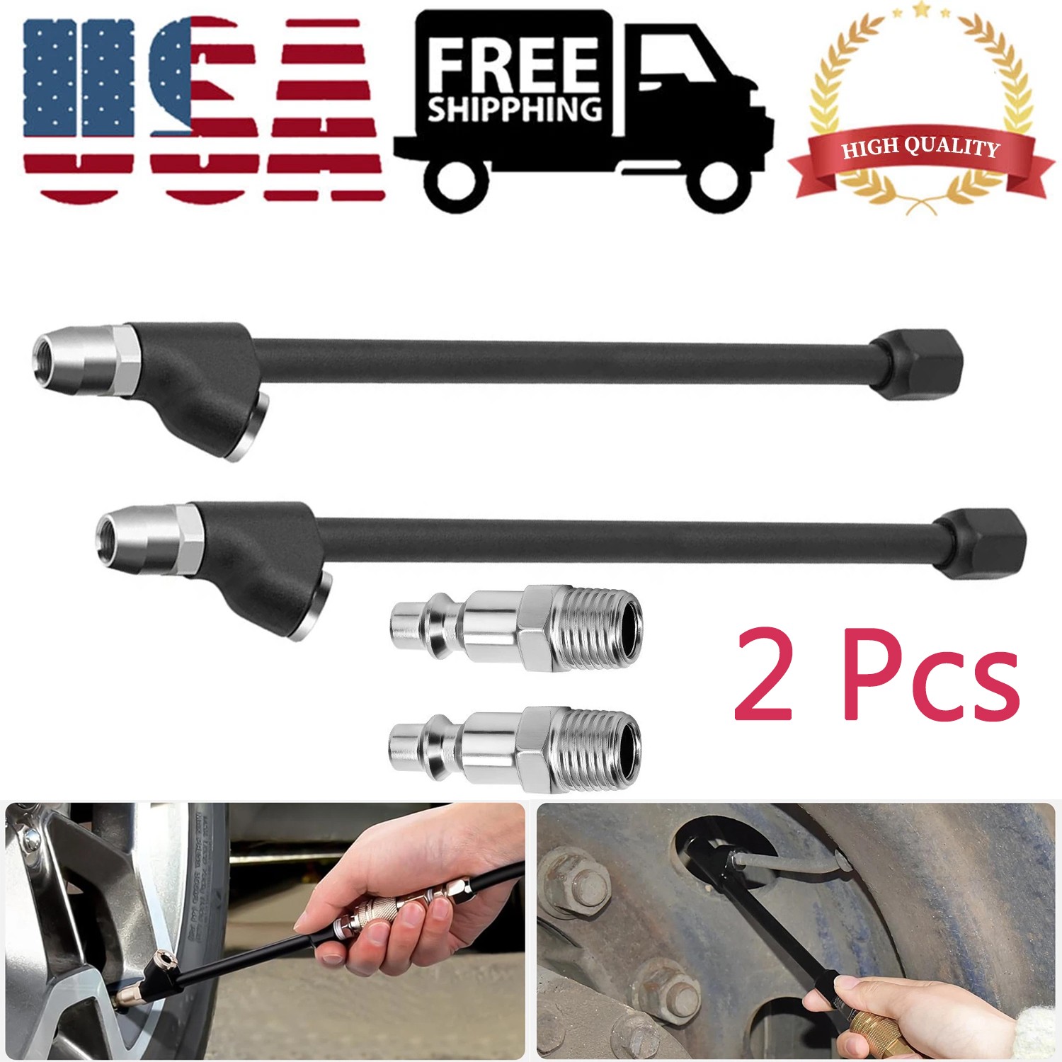 2PCS 13in Extended Dual Head Air.Chuck 1/4in for Car Truck Tires Leak-Free