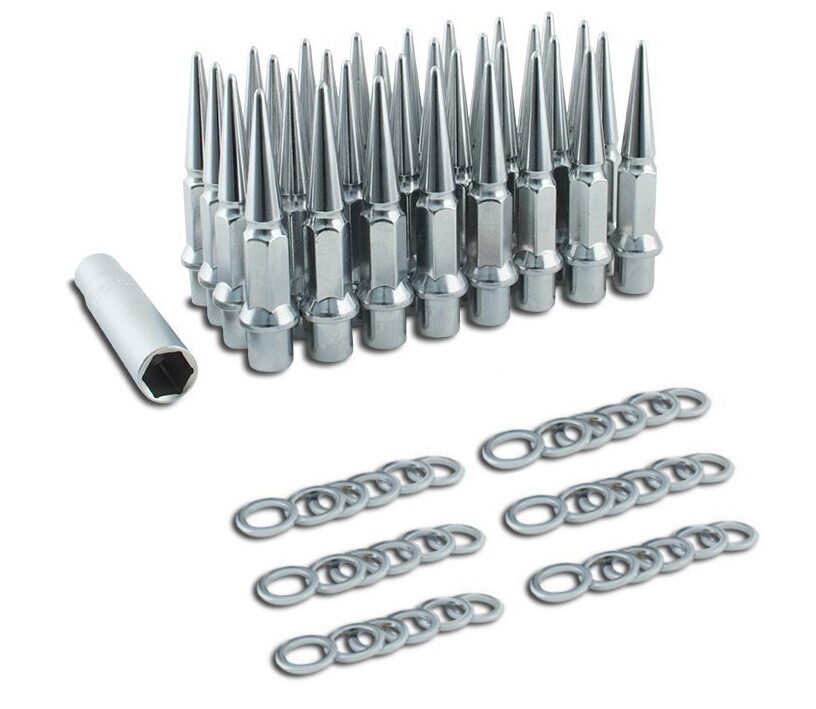 32 – SPIKE DUALLY WHEEL RIM LUG NUT LONG .80″ MAG SHANK CHROME 14×1.5 w/ WASHERS