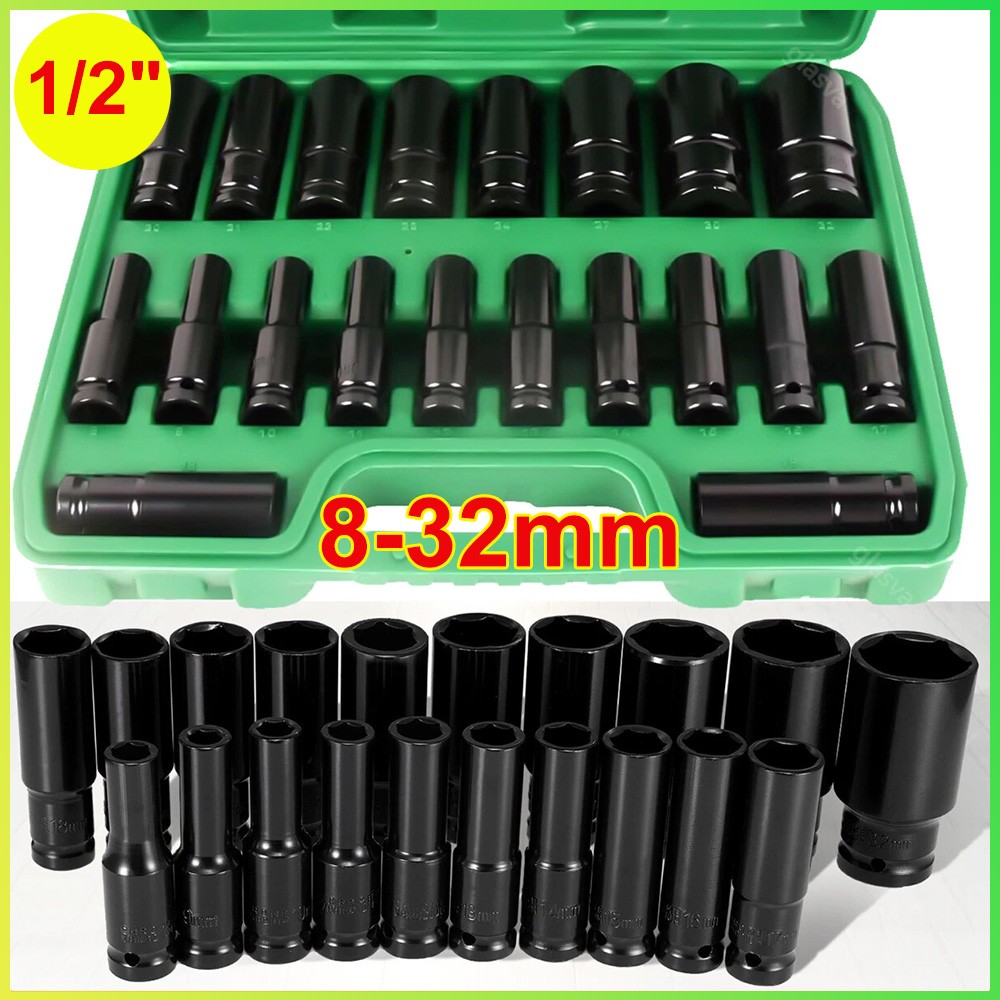 20PCS 1/2 Inch Impact Sockets Set Drive Metric 8mm-32mm Deep 6-Point Set w/ Case