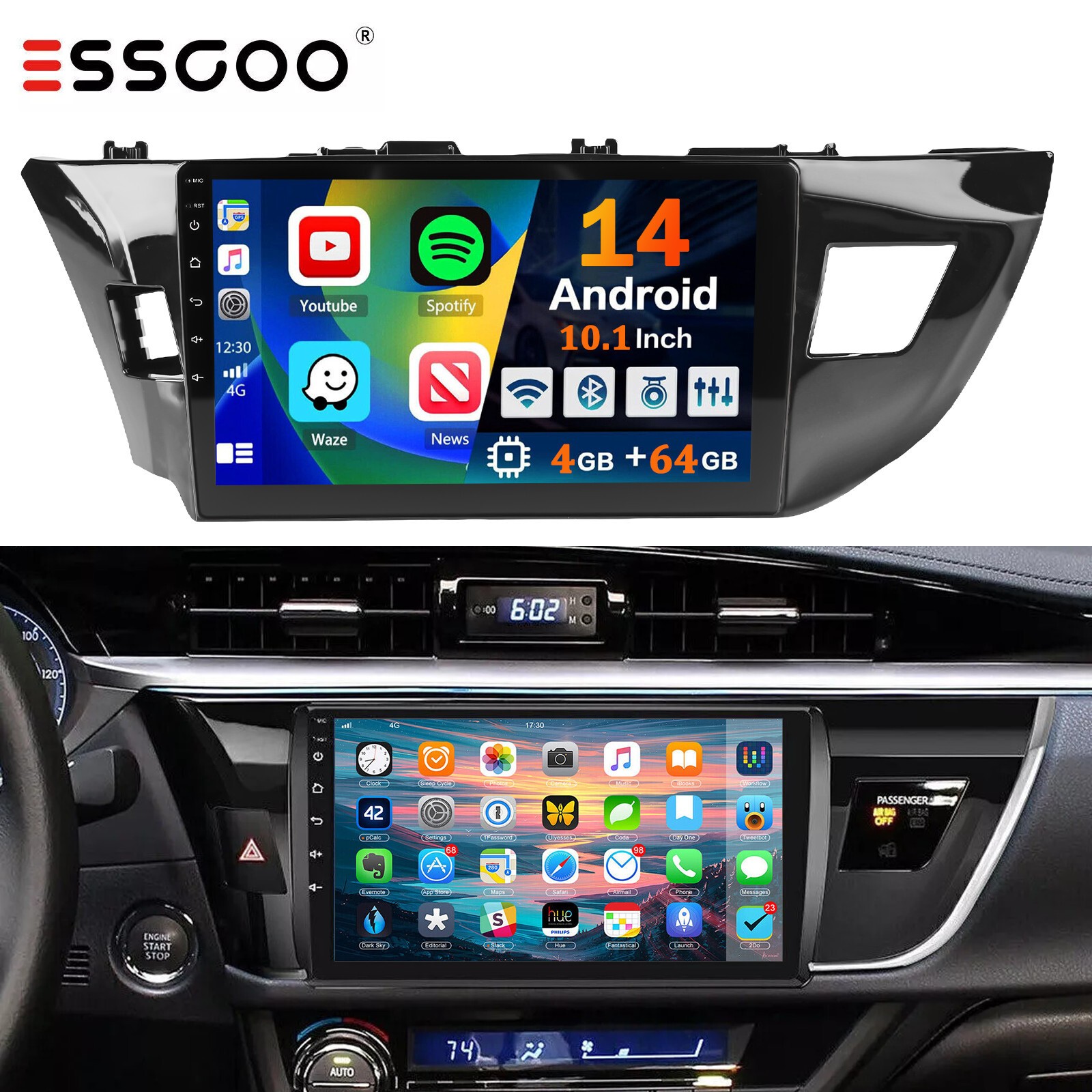 Apple Carplay For Toyota Corolla 2014-2016 Android 14 Car Stereo Radio GPS Navi