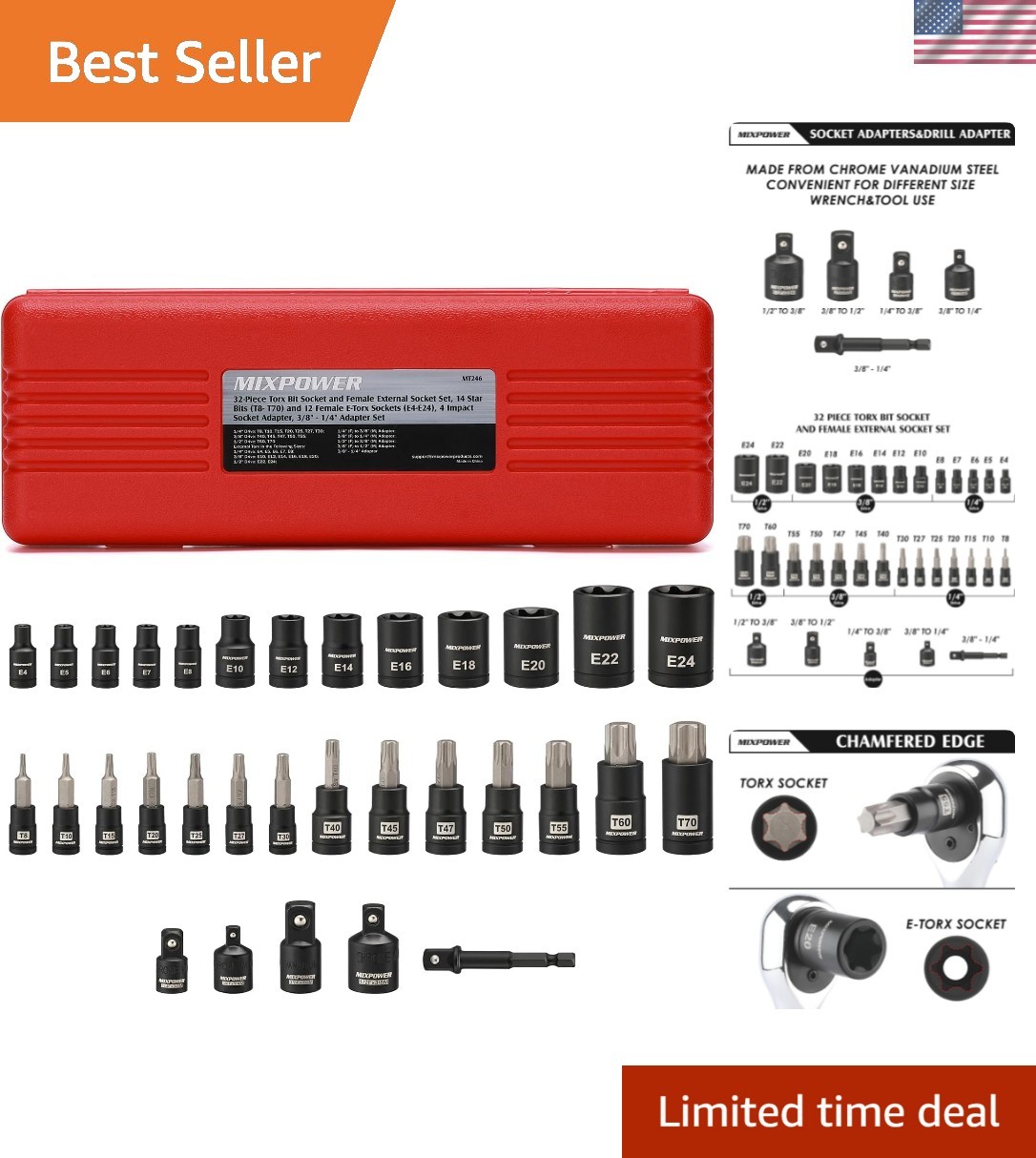 32PCS Torx Bit and E-Torx Socket Set | CR-V & S2 Steel, T8-T70, E4-E24