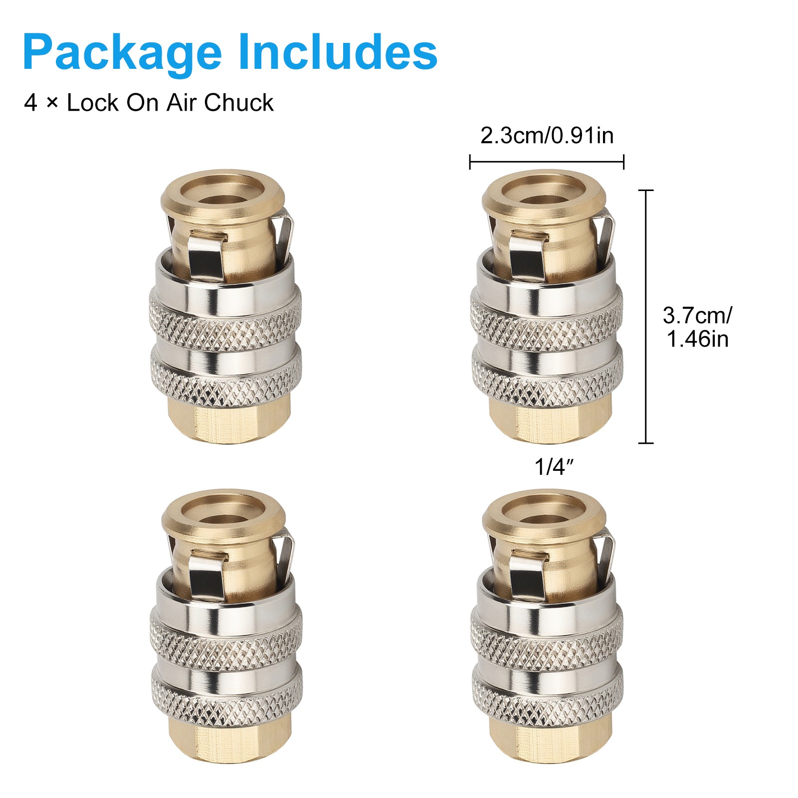4pcs Closed Flow Brass Lock On Air Chuck for Tire Inflator Gauge Nozzle 1/4FNPT