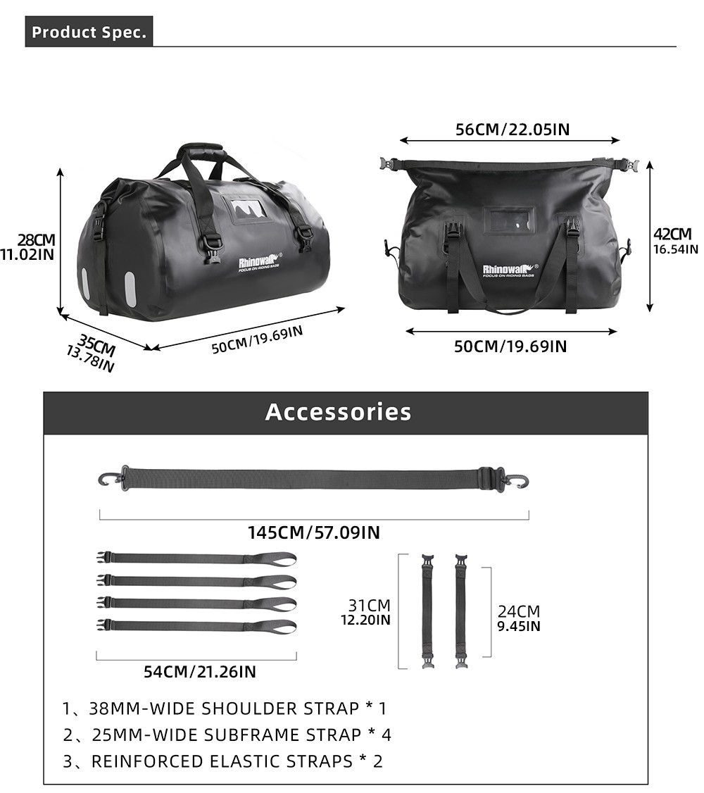 Rhinowalk Waterproof Motorcycle Touring Tail Bag 45L Cycling Shoulder Bag Black