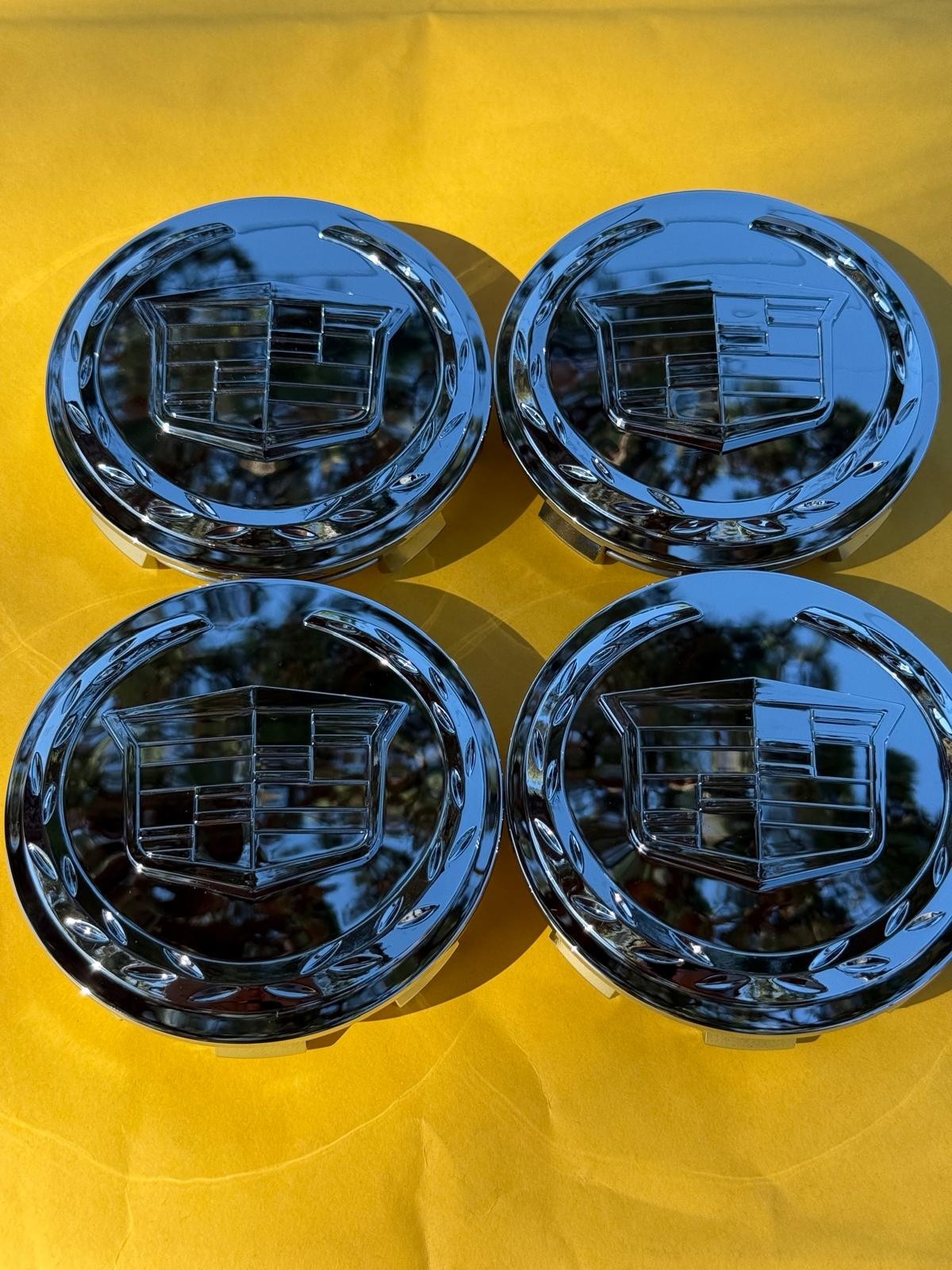 4 X Cadillac FULL Chrome Center Caps 83MM, Satisfaction Guaranteed!