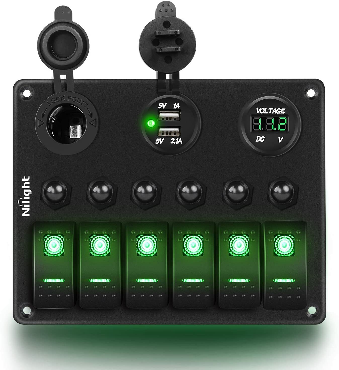 Nilight 6 Gang ON Off Rocker Switch Panel Green with Dual USB Voltmeter for Cars