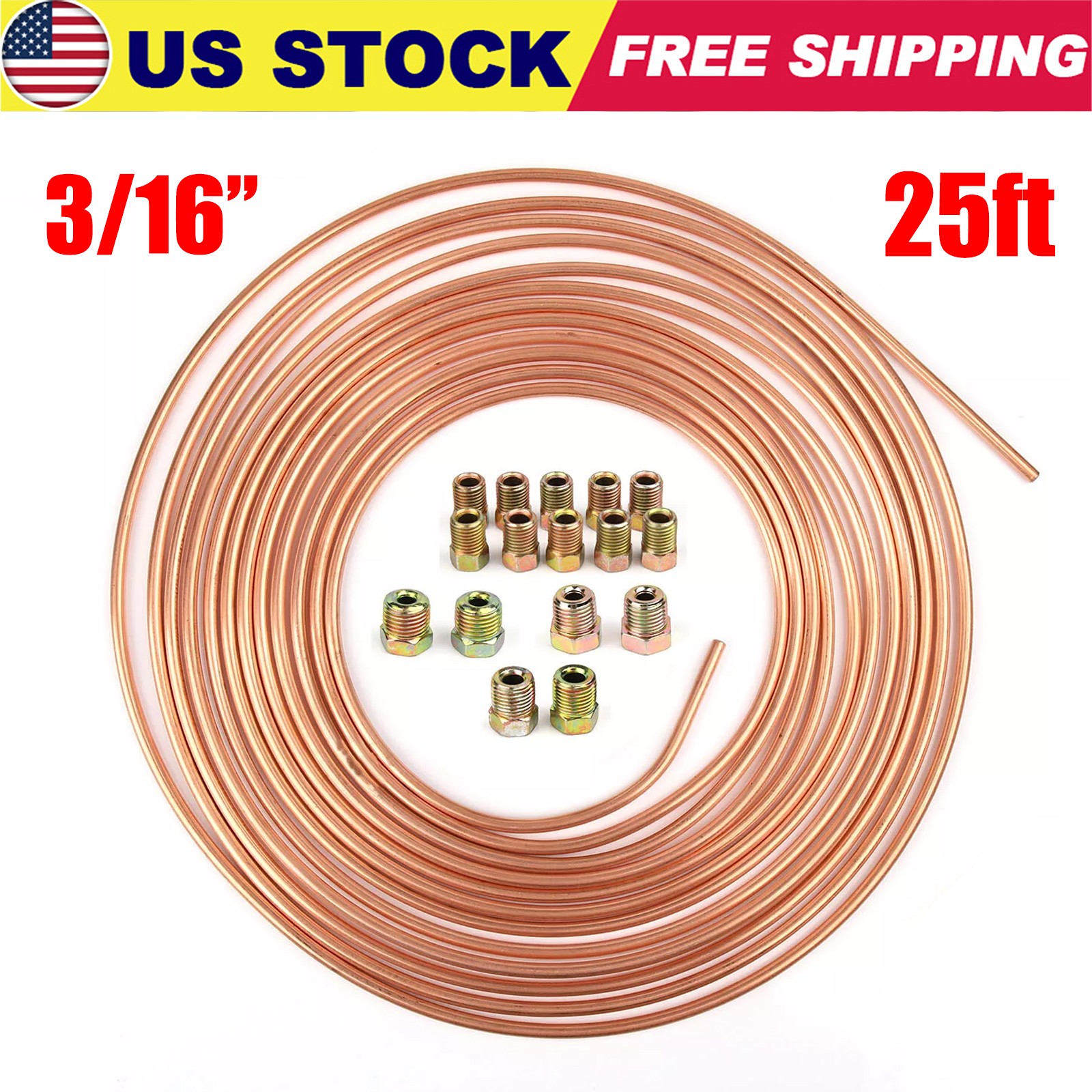 Copper Zinc Brake Line Tubing Kit 3/16 OD 25 Ft Coil Roll all Size Fittings