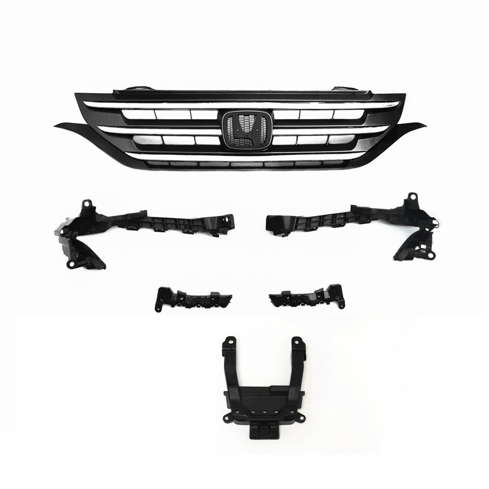 5 Brackets + Front Upper Chrome Gray Grille Grill For Honda CR-V CRV 2012-2014