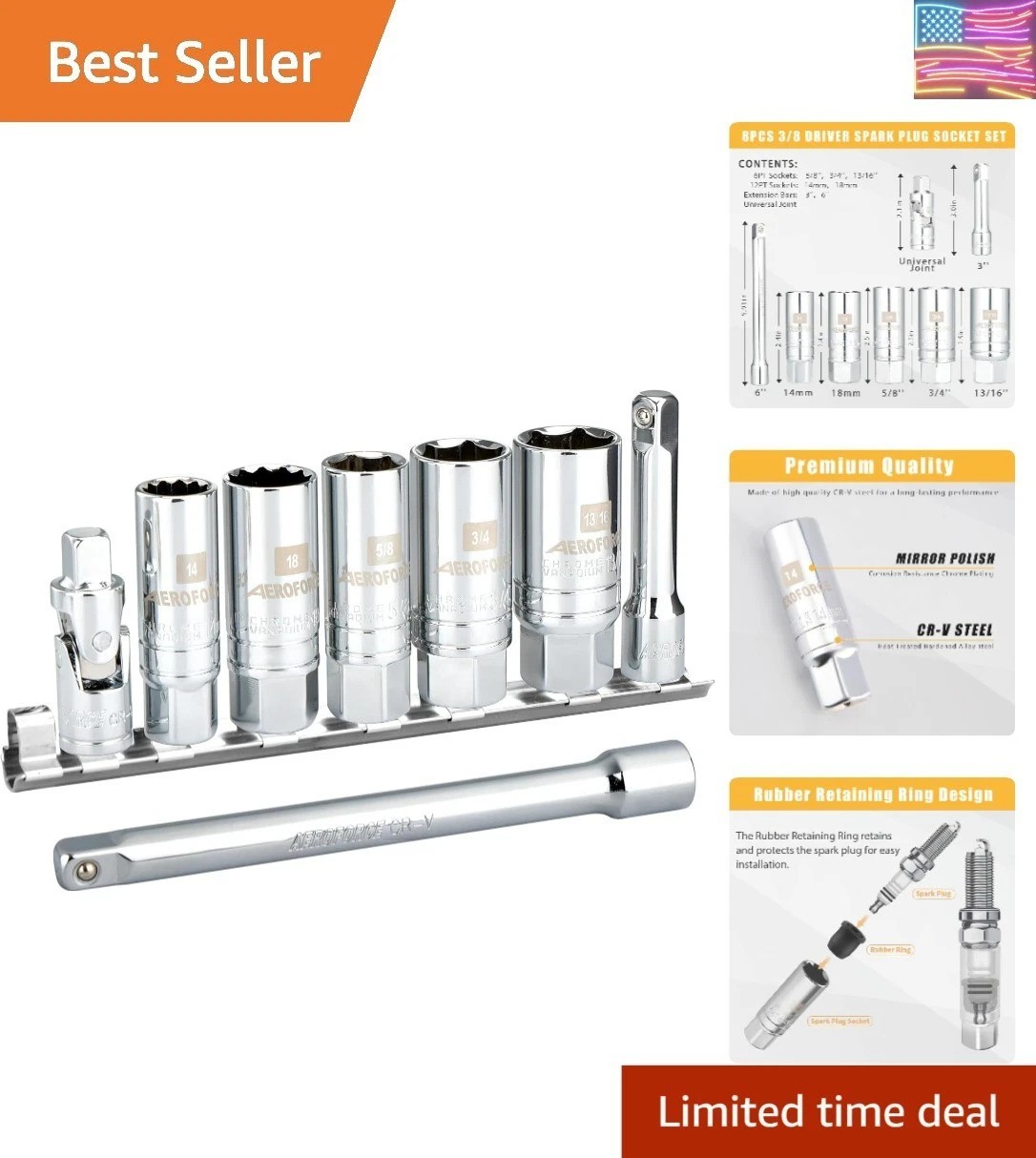 3/8-Inch Drive Spark Plug Socket Set 8PCS – Includes 6 Point Sockets 5/8-inch..,