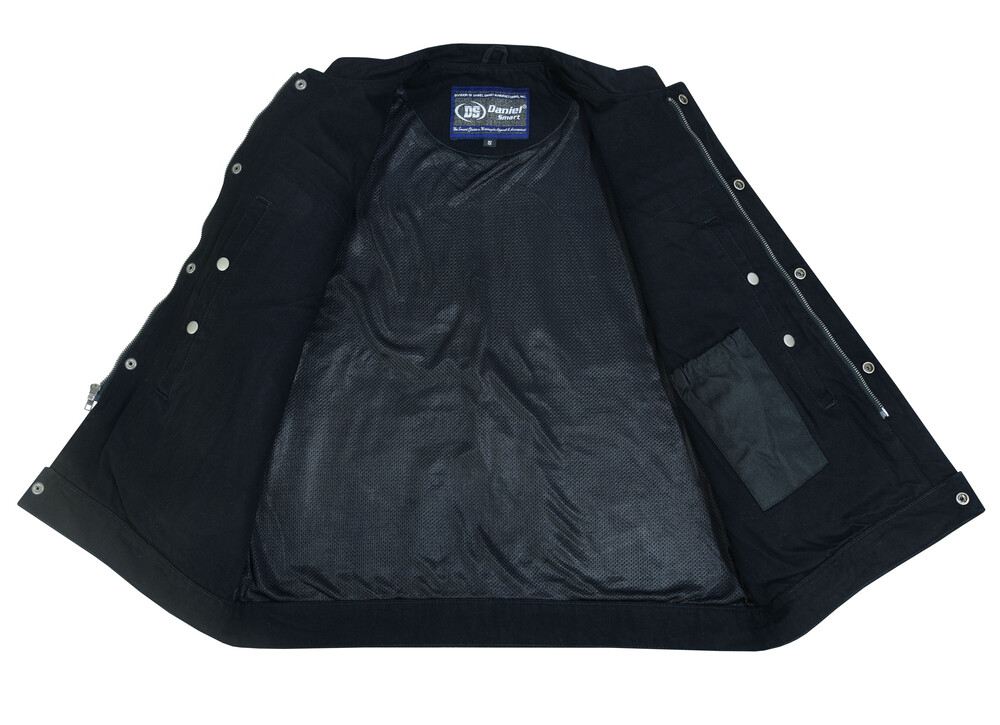 Denim Vest Concealed Snap Closure, Denim Material, Scoop Collar & Hidden Zipper