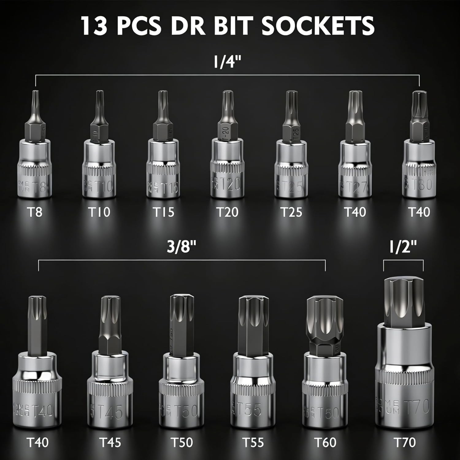 13Pcs Torx Bit Socket Set T8-T70 CRV Star Sockets 1/4-inch, 3/8-inch & 1/2-in…