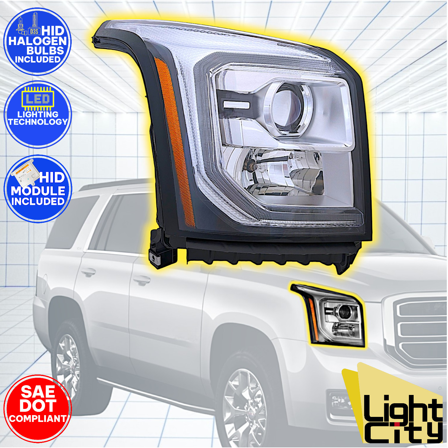 [FULL HID] For 2015-2020 GMC Yukon Passenger Projector Headlight LED DRL RH