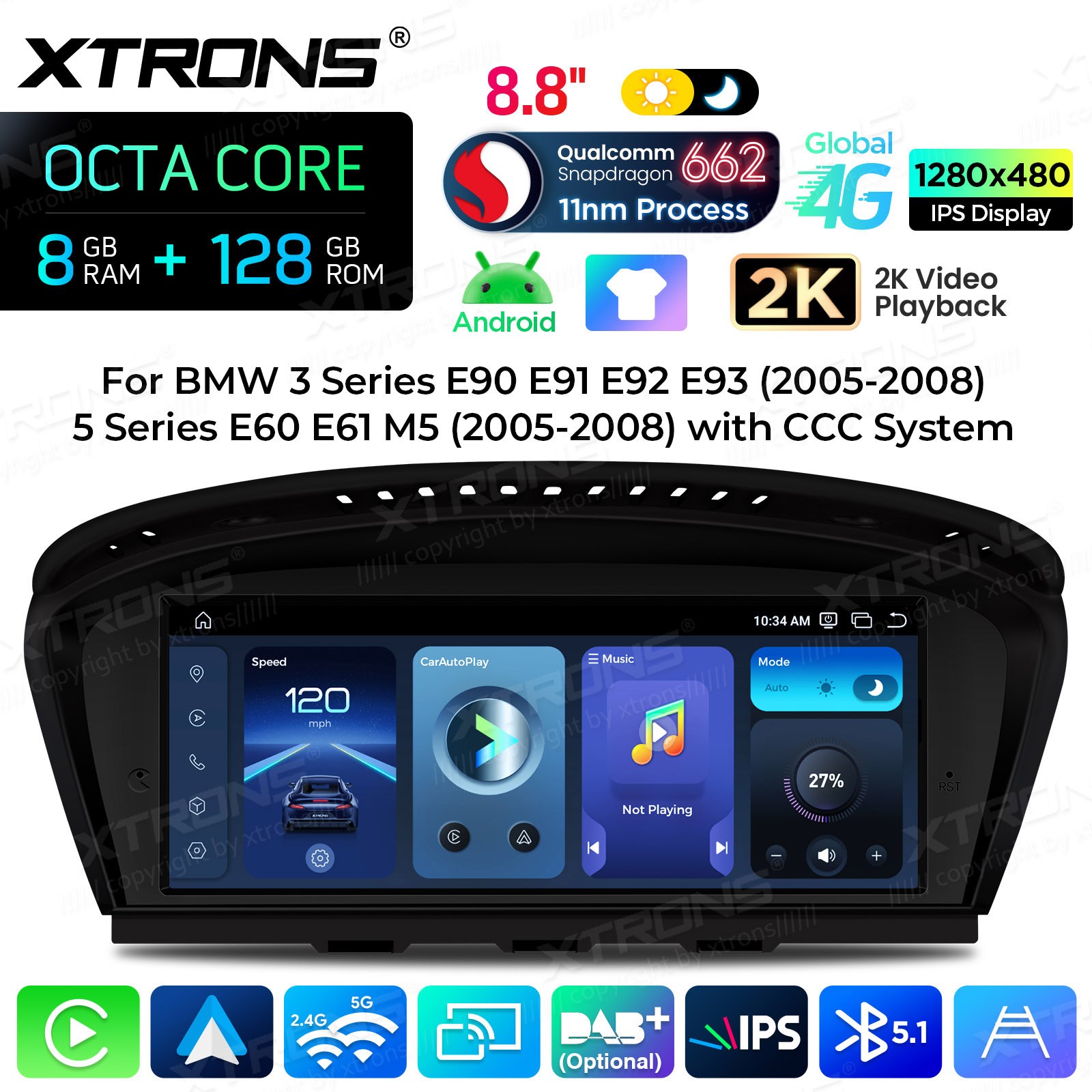 8.8″ Android 14 4G 8+128G Car Screen Upgrade Stereo CarPlay for BMW E60 E61 CCC
