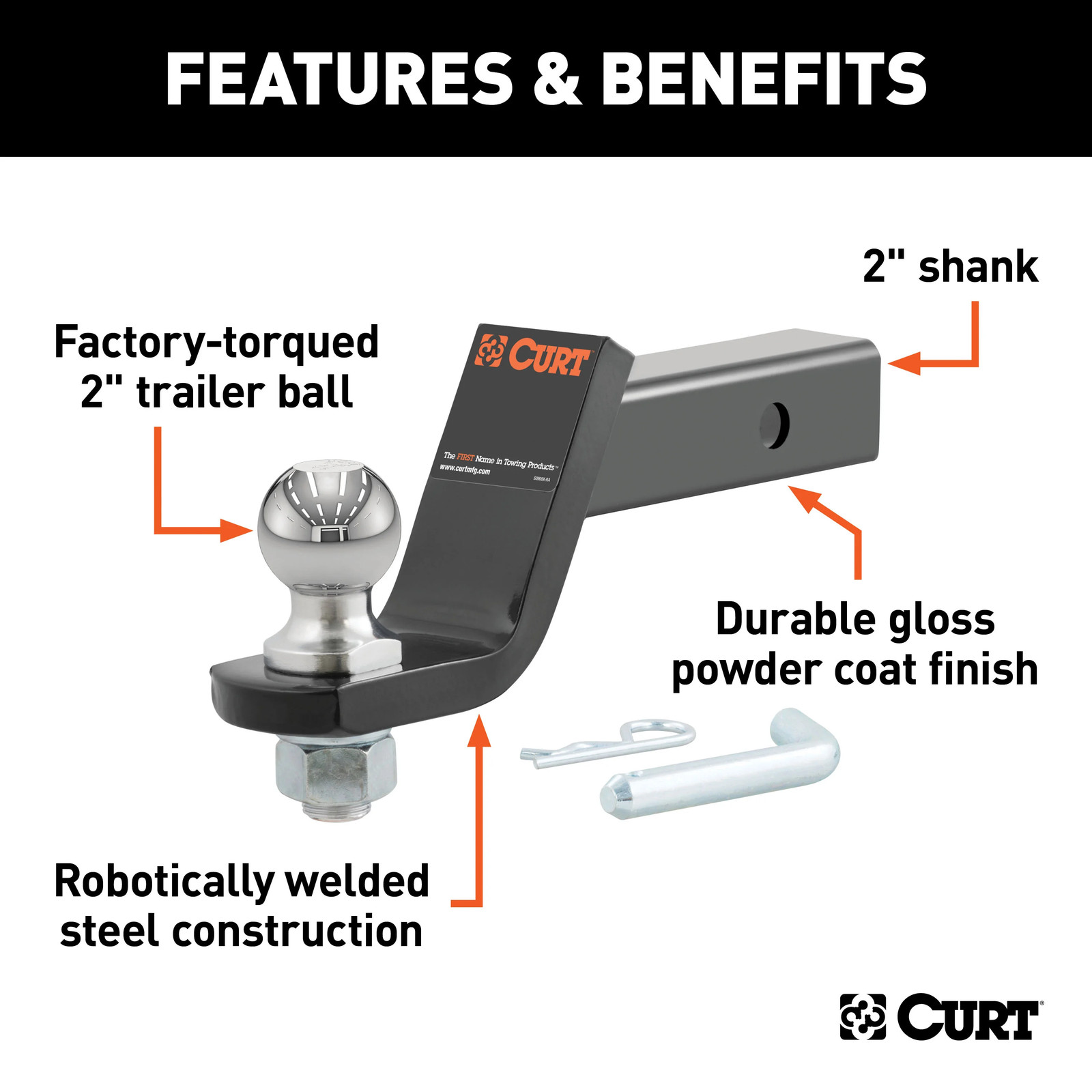 CURT Trailer Hitch Tow Kit 2in Receiver Class 3, Ball Mount, Pin & Clip – 13433