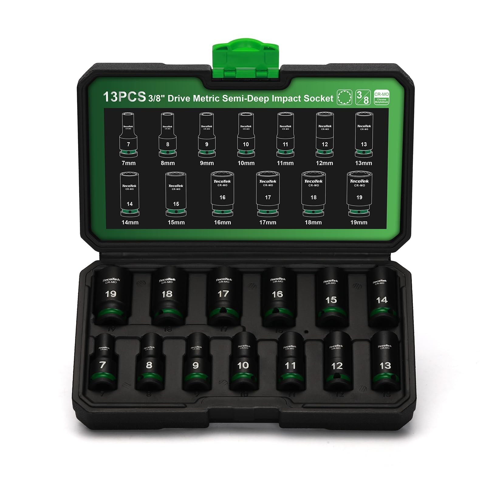 12-Point Metric Semi-Deep Impact Socket Set, 3/8″ Drive, 7mm-19mm, 13-Piece CR-M