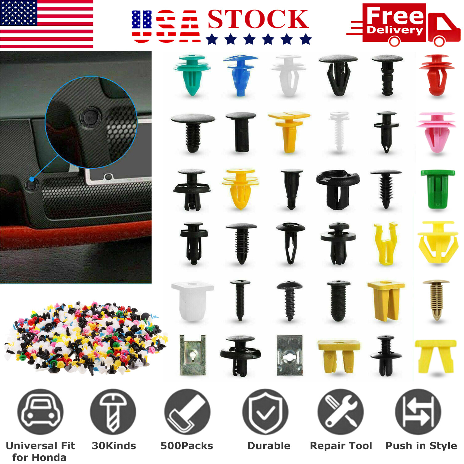 500 PCS Plastic Car Body Push Pin Rivet Mixed Fasteners Trim Molding Clip