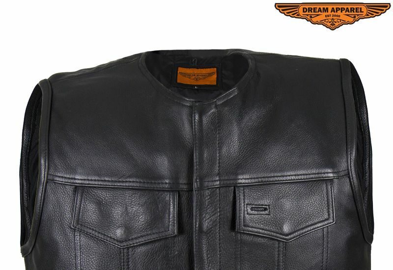 Men’s Motorcycle Leather Vest Zippered & Button-Snap Front Closure w/ Pockets