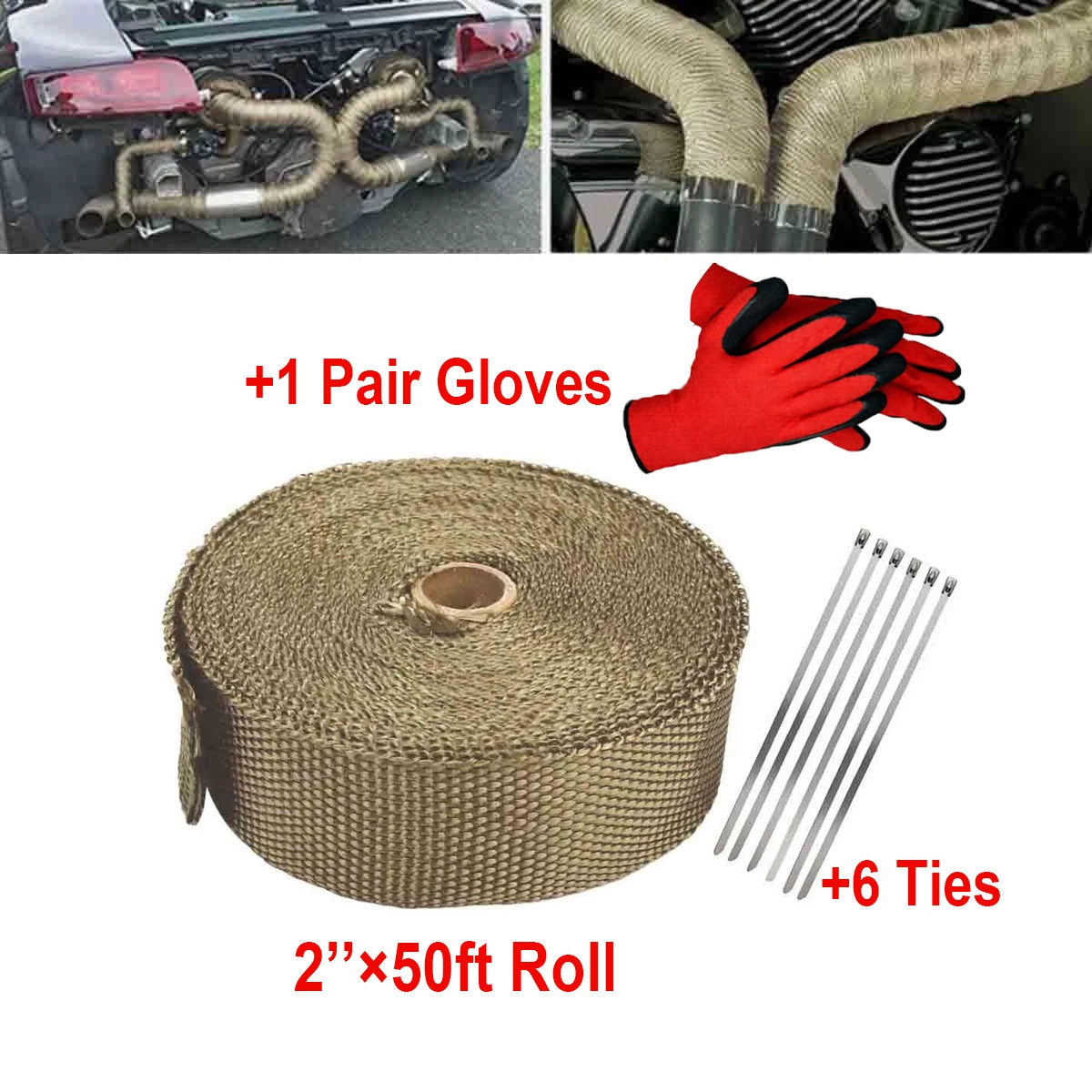 Titanium 2″ 50FT Exhaust Header Heat Wrap Trap Motorcycle Fiberglass +6 Ties