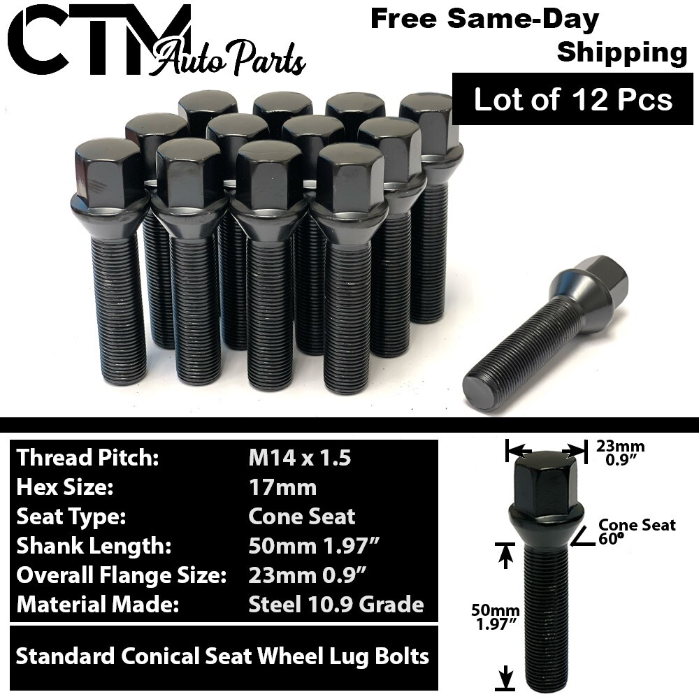 12x Black 14×1.5 Cone Seat Lug Bolt 50mm Shank For Sprinter Aftermarket Wheels