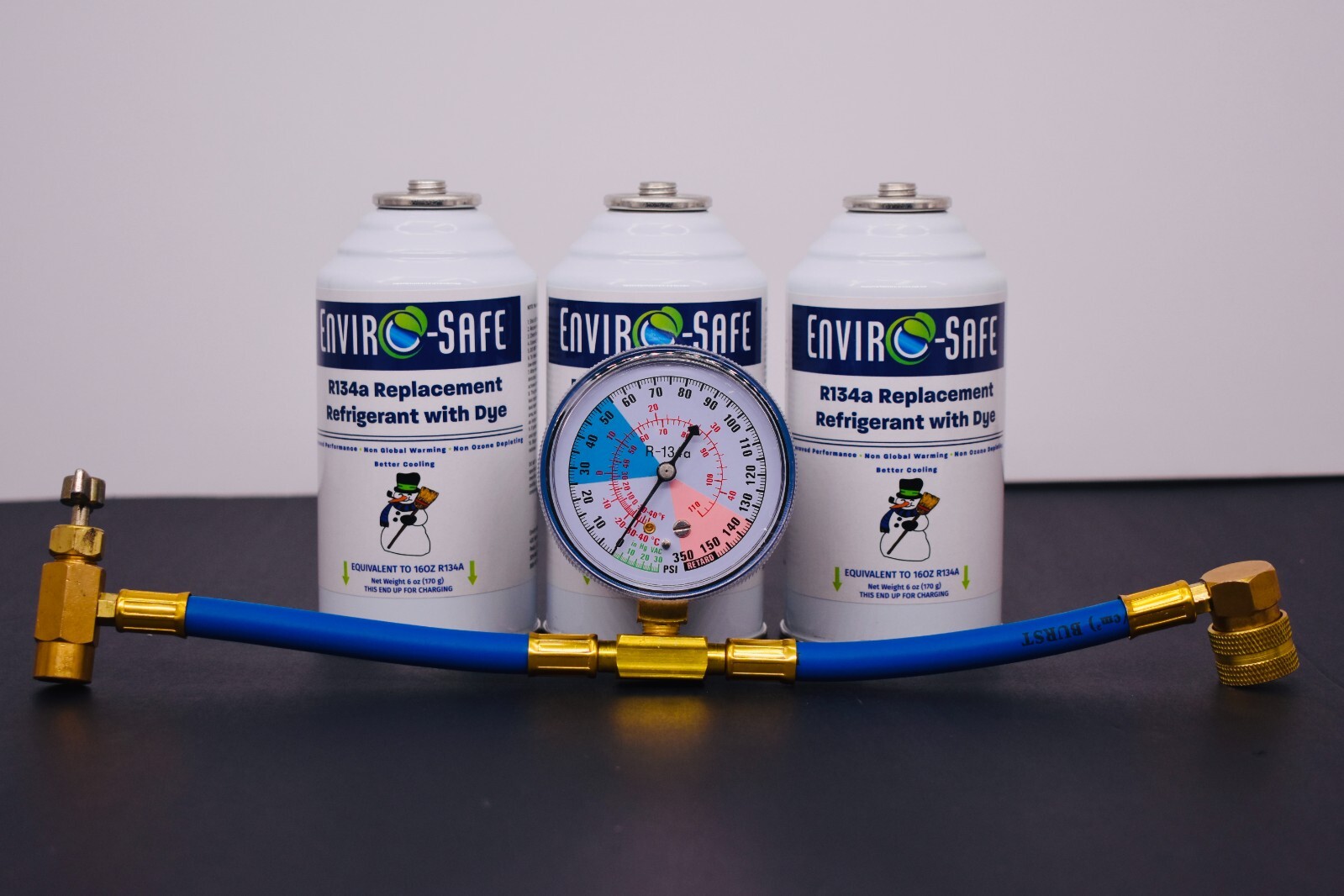 R134a Replacement Refrigerant with dye, 3 CANS, Brass Gauge.