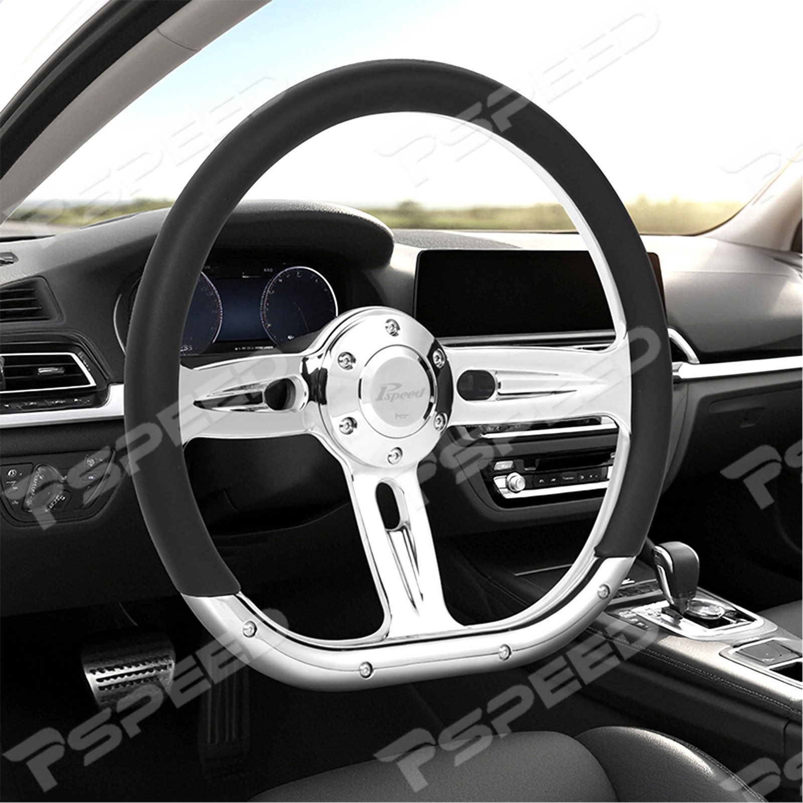 D-Shape 14″ 6-Bolt Car Truck Steering Wheel Microfiber Leather Wrap Chrome Spoke