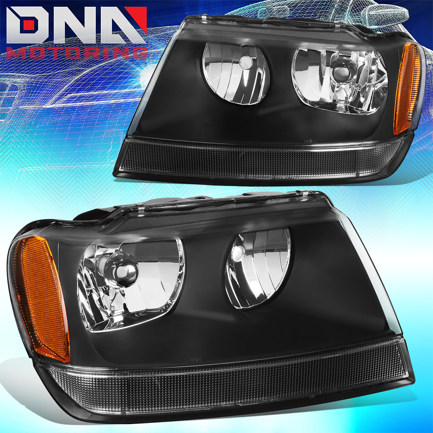 FOR JEEP GRAND CHEROKEE 99-04 WJ LAREDO LIMITED BLACK/AMBER HEADLIGHTS 4X4