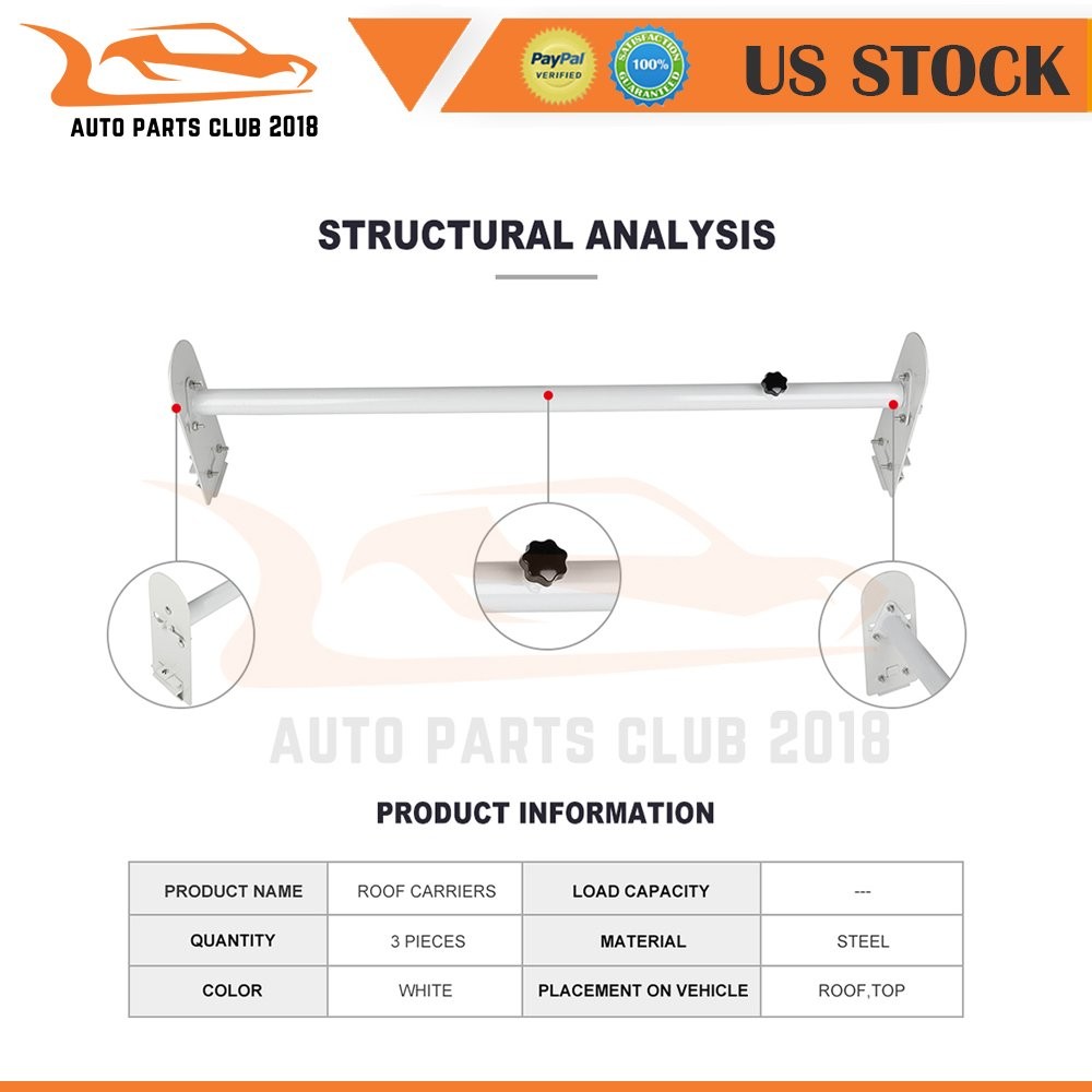 750lb set VAN 3 Bar Van Roof Ladder Rack Heavy Duty Steel White CAR Top Carrier