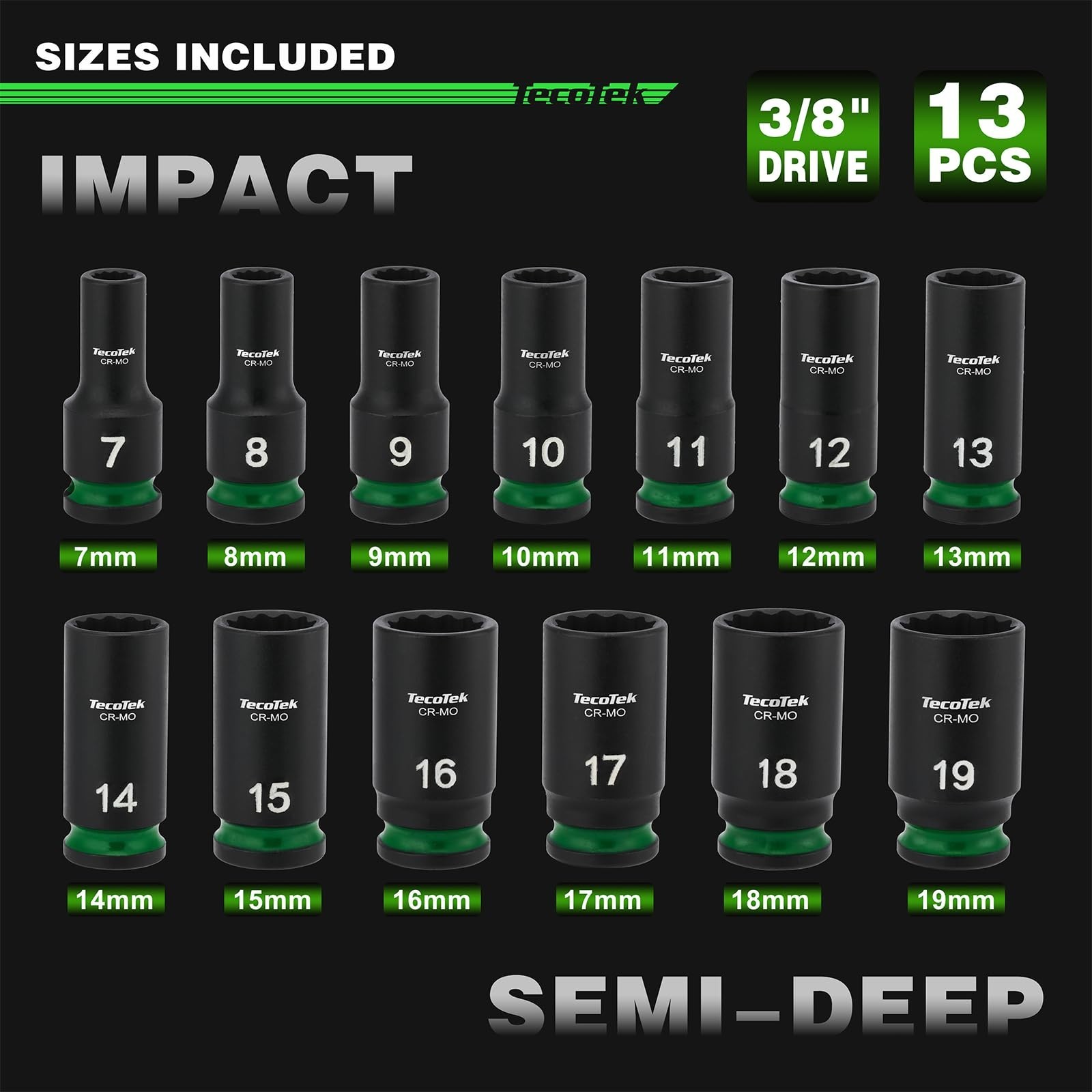 12-Point Metric Semi-Deep Impact Socket Set, 3/8″ Drive, 7mm-19mm, 13-Piece CR-M