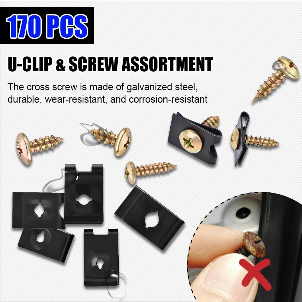 170PCS Automotive Screws and Clips Assortment Kit, Car U-Clip One Size, Black