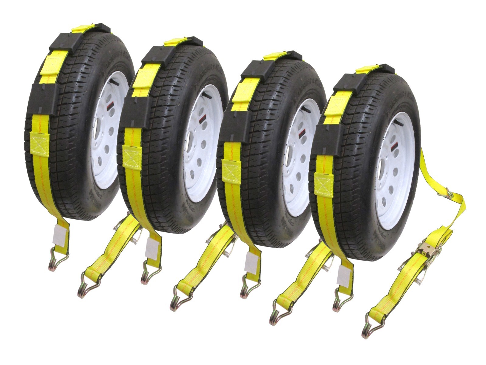 2″ x 10 Over The Wheel Tire Strap with Finger J Hook Rubber Cleat Ratchet 4 pack