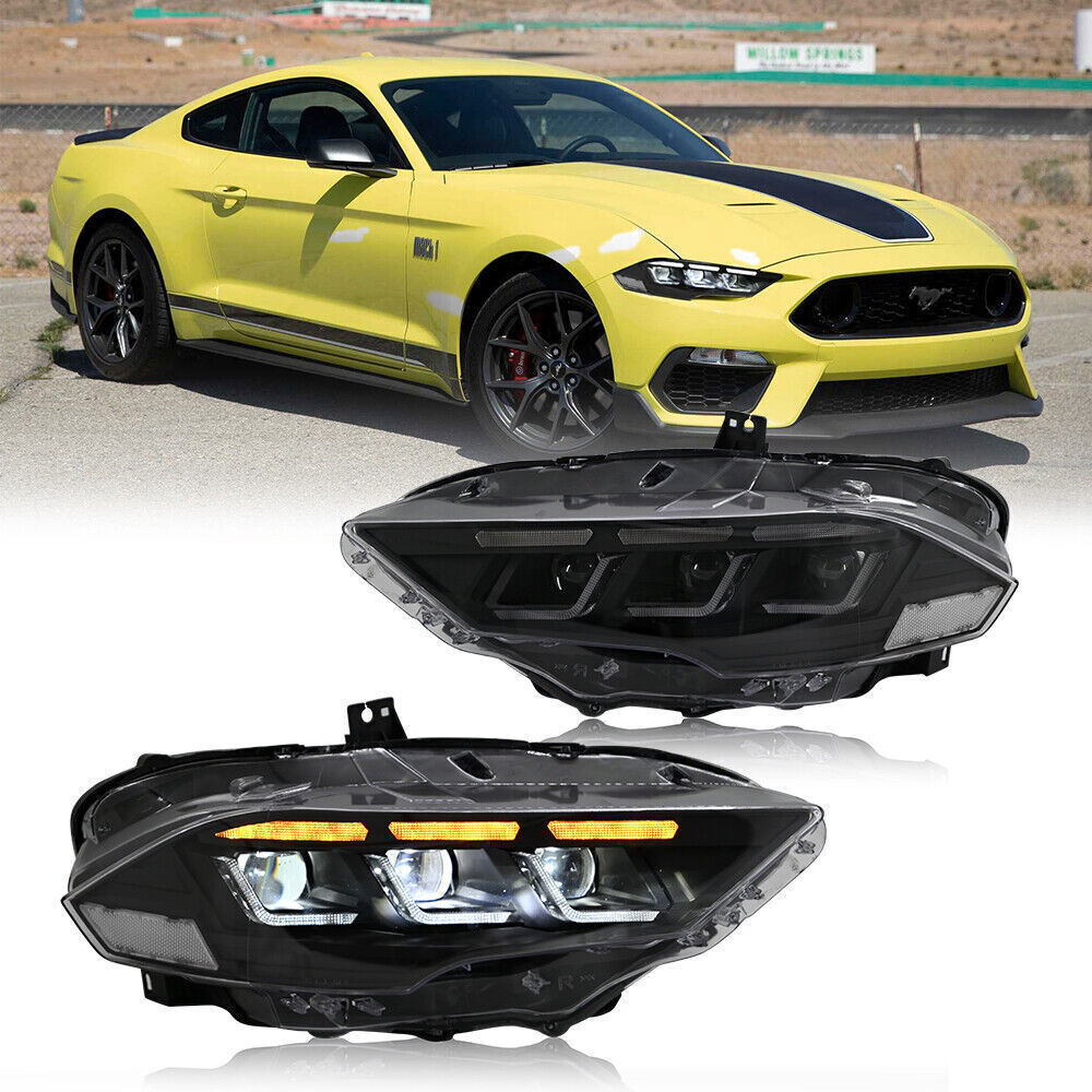 Black Pair LED Headlights Fit For Ford Mustang 2018-2023 Front Lamps Assembly