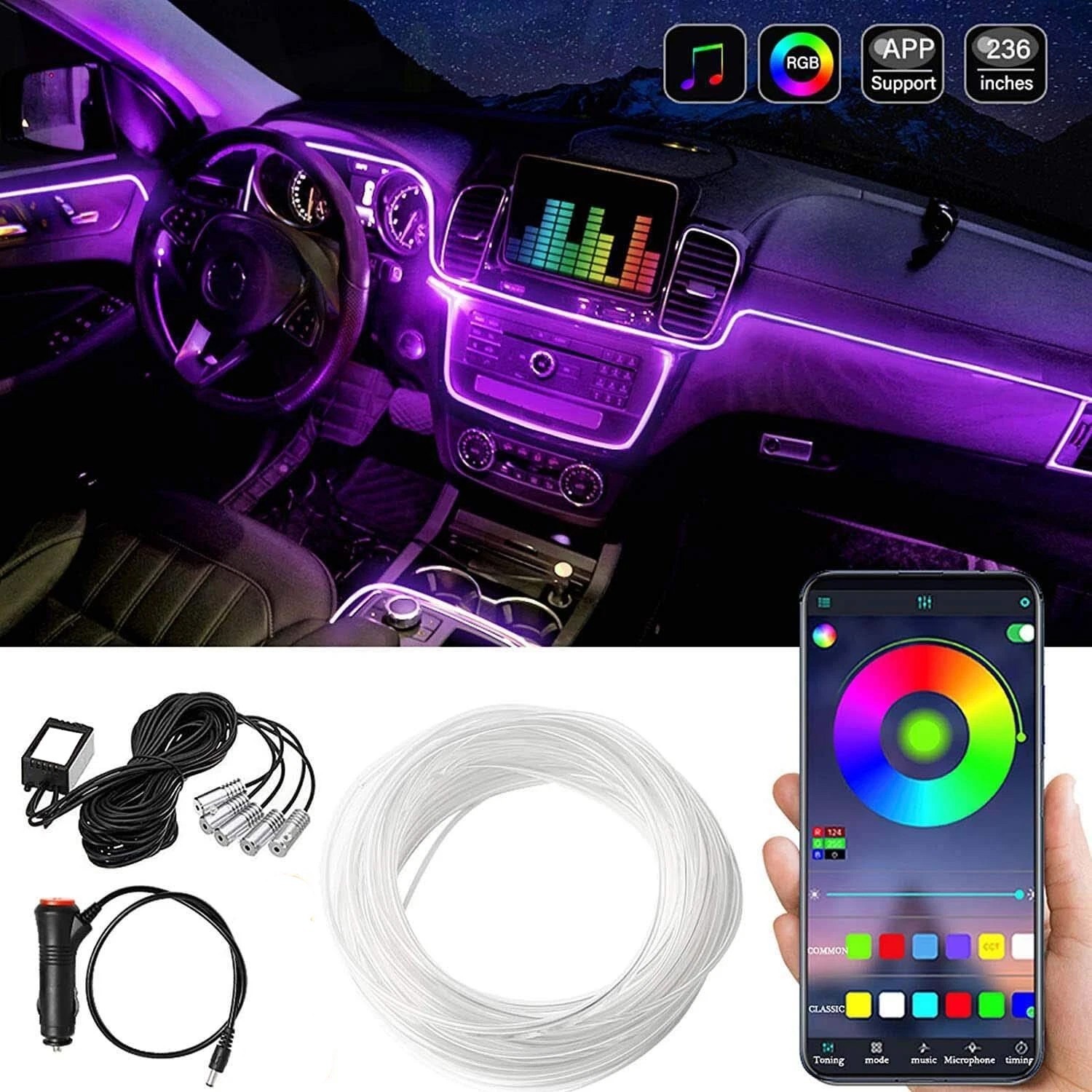 5 In 1 Car Ambient Decoration Lamp Kit RGB Neon Bluetooth App Control Cigarette