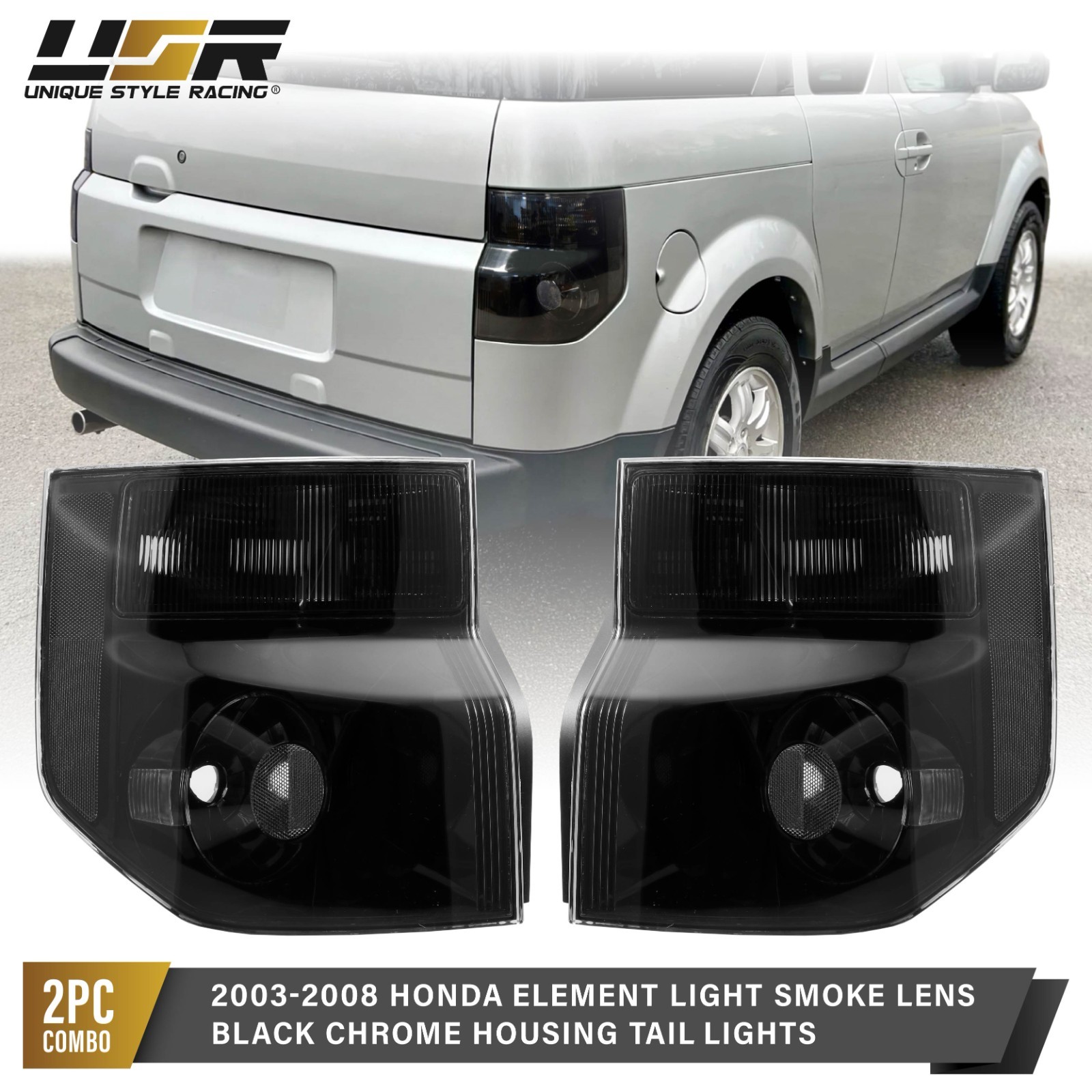 Light Smoke Lens Black Chrome Housing Tail Light L+R For 03-08 Honda Element SUV