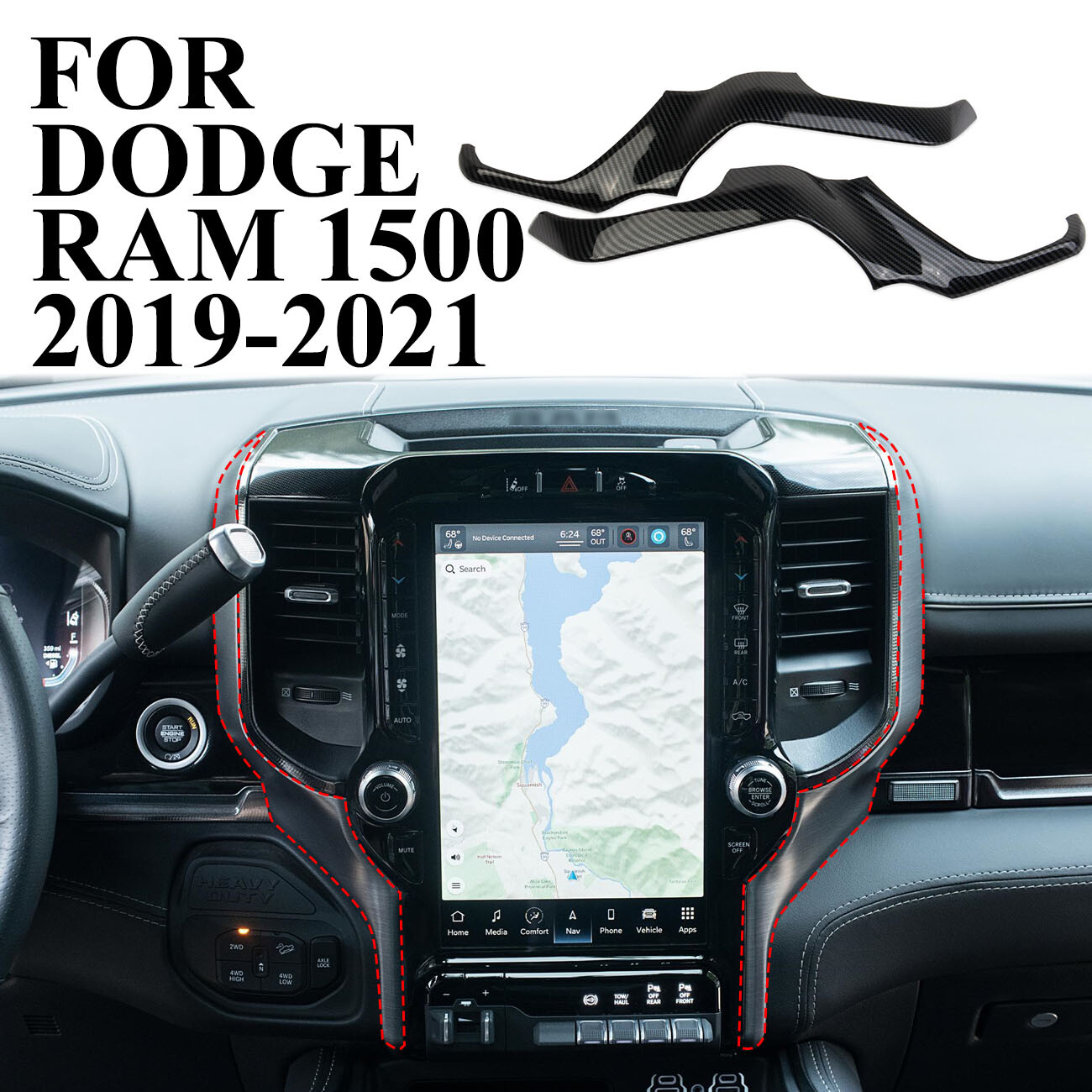 Carbon Fiber Style Inner Navigation Air Vent Outlet Trim For Dodge Ram （12 inch）