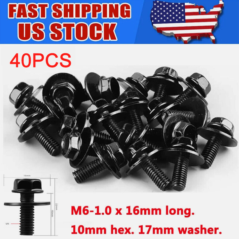 Car Body 40 Bolts Screw Fastener Fender M6-1.0x 16mm Long- 10mm Hex- 17mm Washer