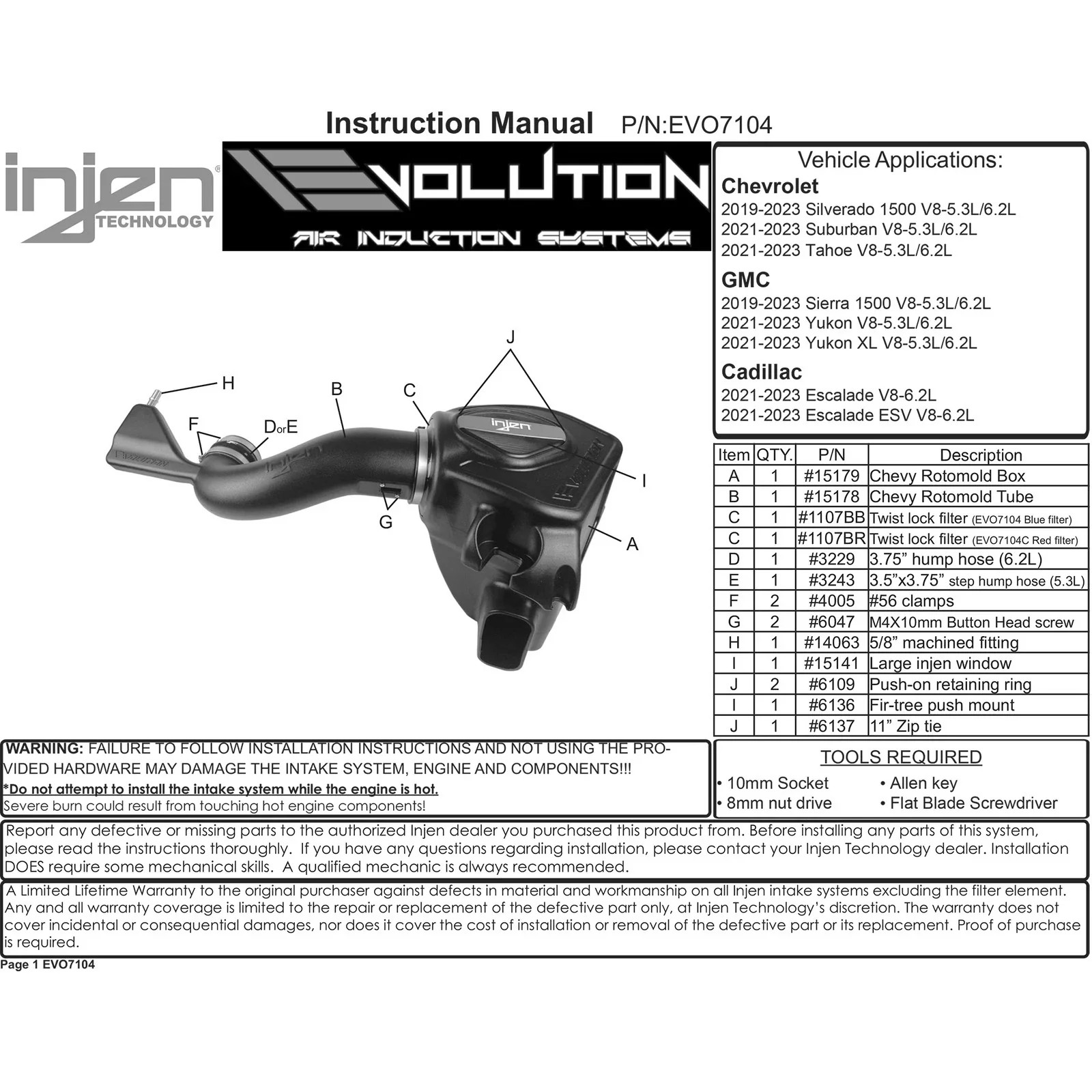 Injen EVO7104 Cold Air Intake System for 19-23 Silverado Sierra 1500 5.3L 6.2 V8
