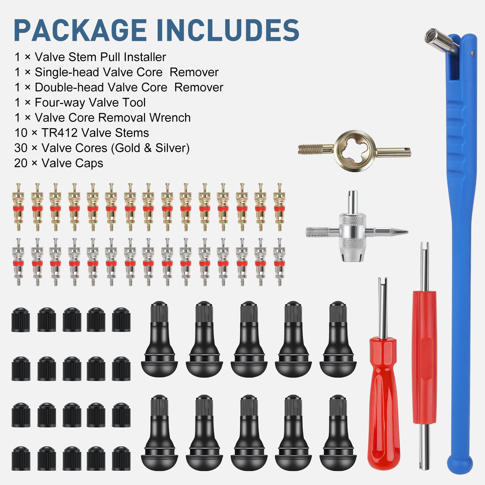 65pcs Car Tire Valve Stem Installation Repair Tool w/ Puller Wrench Core Remover