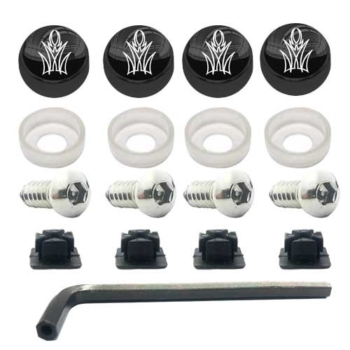 ANTI THEFT LICENSE PLATE SECURITY SCREWS STAINLESS + BLACK WHITE PINSTRIPE CAPS