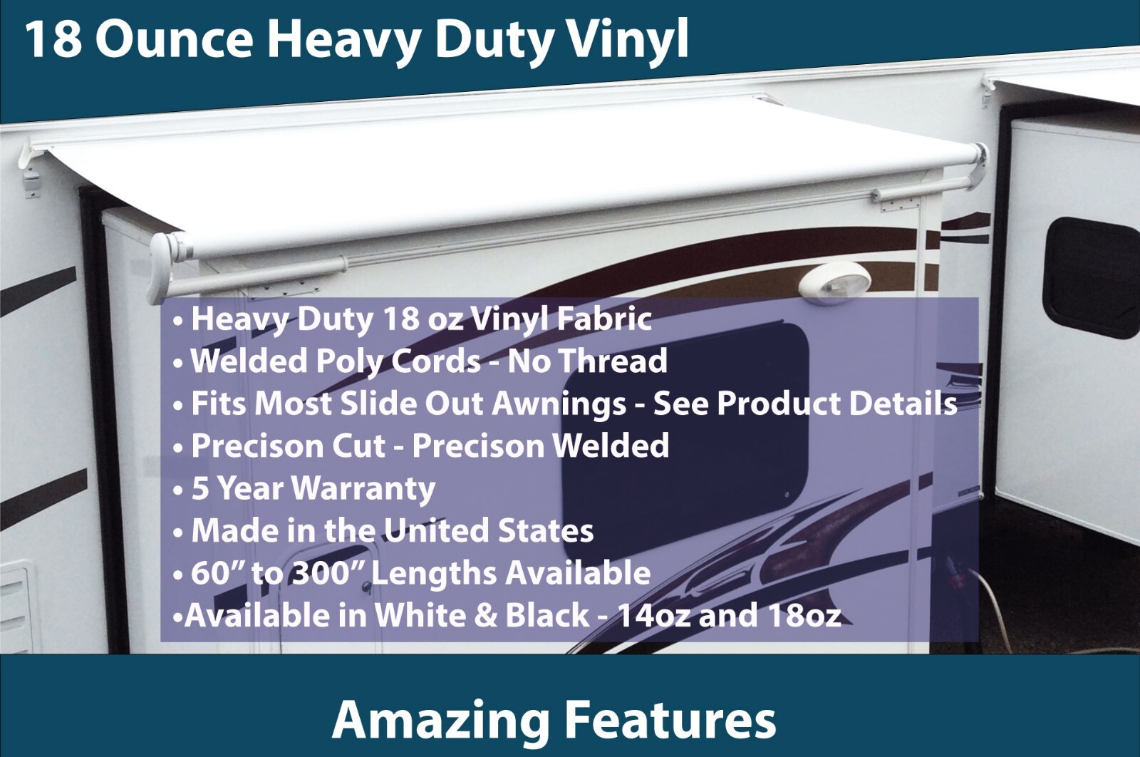 RV Slide Out Awning Replacement Fabric White- 5 Year Warranty Choose Size
