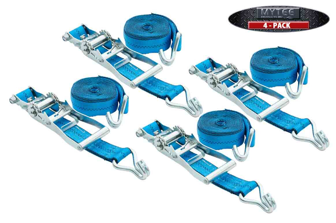 (4 Pack) 2″ x 20′ Blue Ratchet Strap w/ Wire Hook, 3,333 lbs WLL