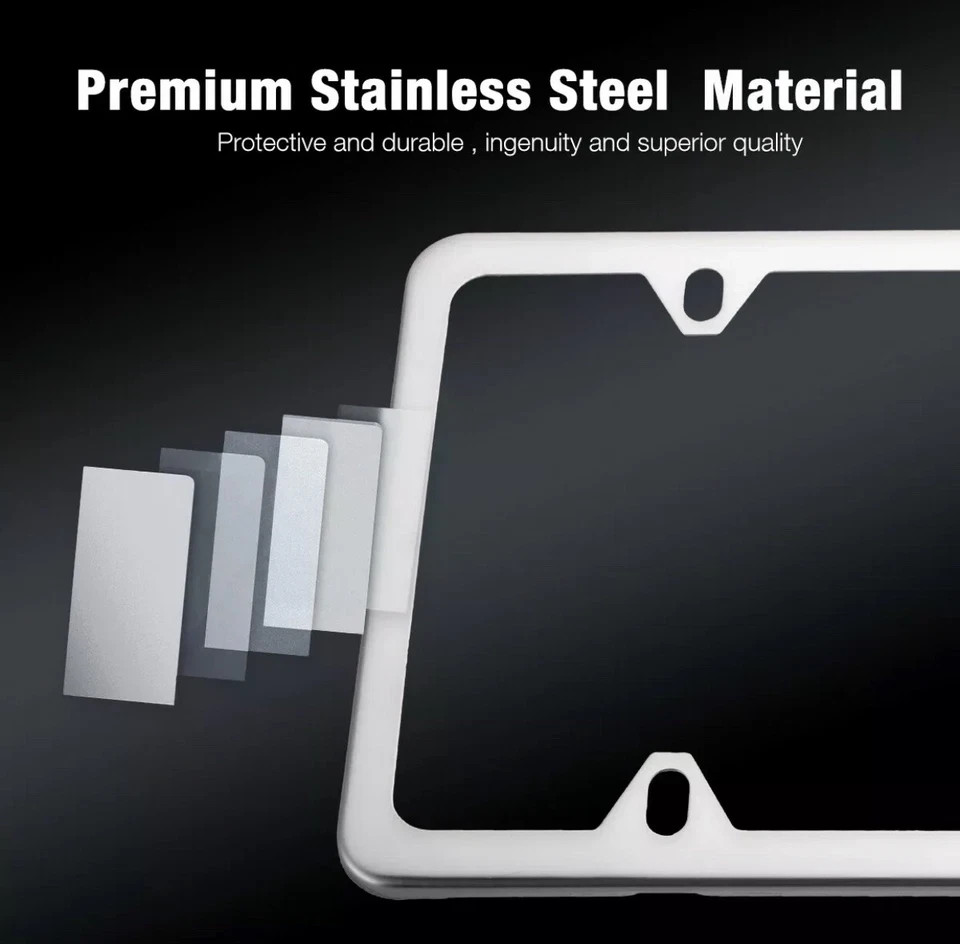 2Pcs Chrome Stainless Steel Metal License Plate Frame Tag Cover With Screw Caps~