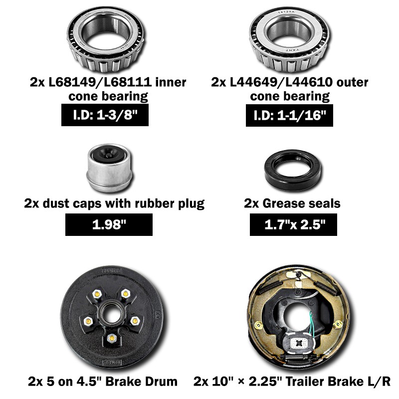 10″X2-1/4″ Electric Brakes With Trailer Hub Drum Kits 5 on 4.5 For 3500 Lbs Axle