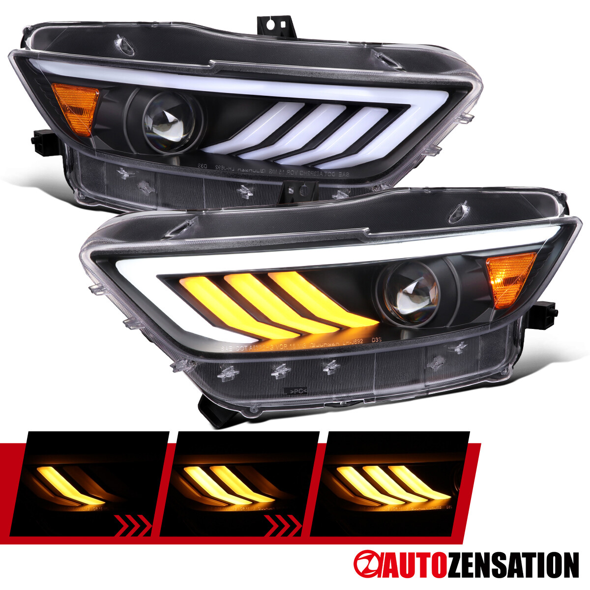 Sequential LED Fit 2015-2020 Ford Mustang Black HID Xenon Projector Headlights