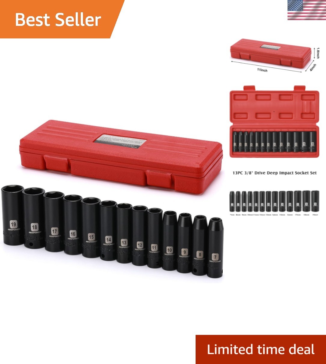 13 Pieces 3/8-Inch Drive Deep Impact Socket Set, 7mm to 19mm, CR-V, Metric, 6…