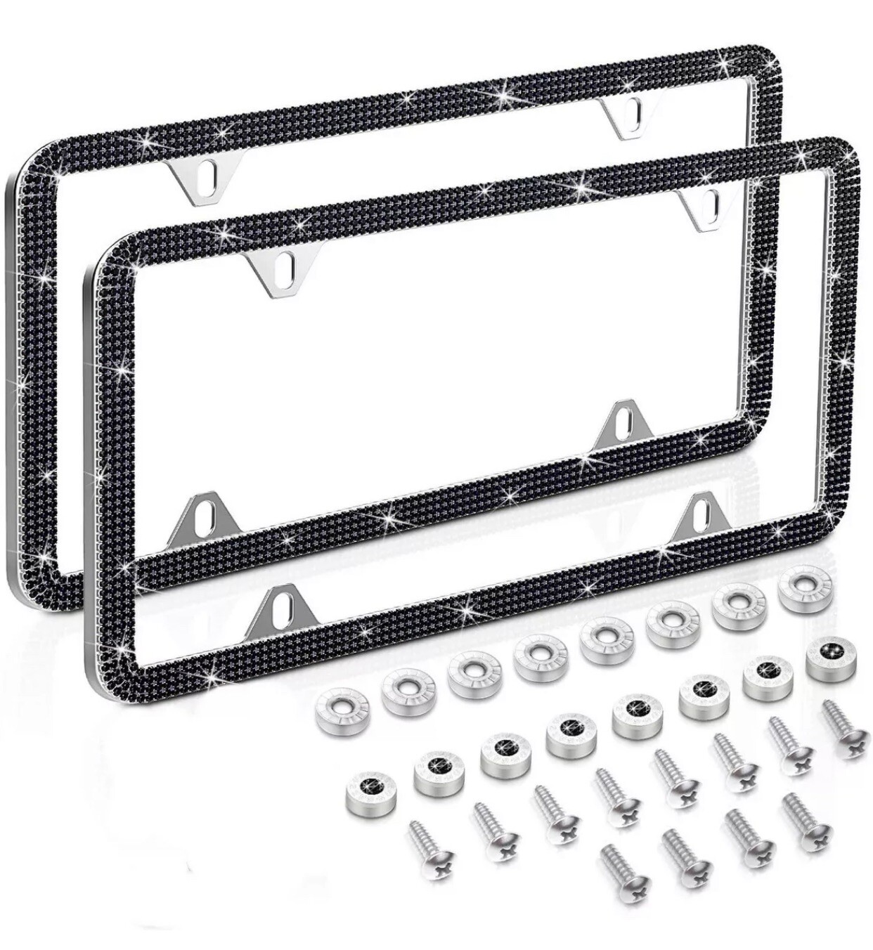 2pcs Black Thin Diamond Bling Glitter Crystal RhineStone License Plate Frame Car