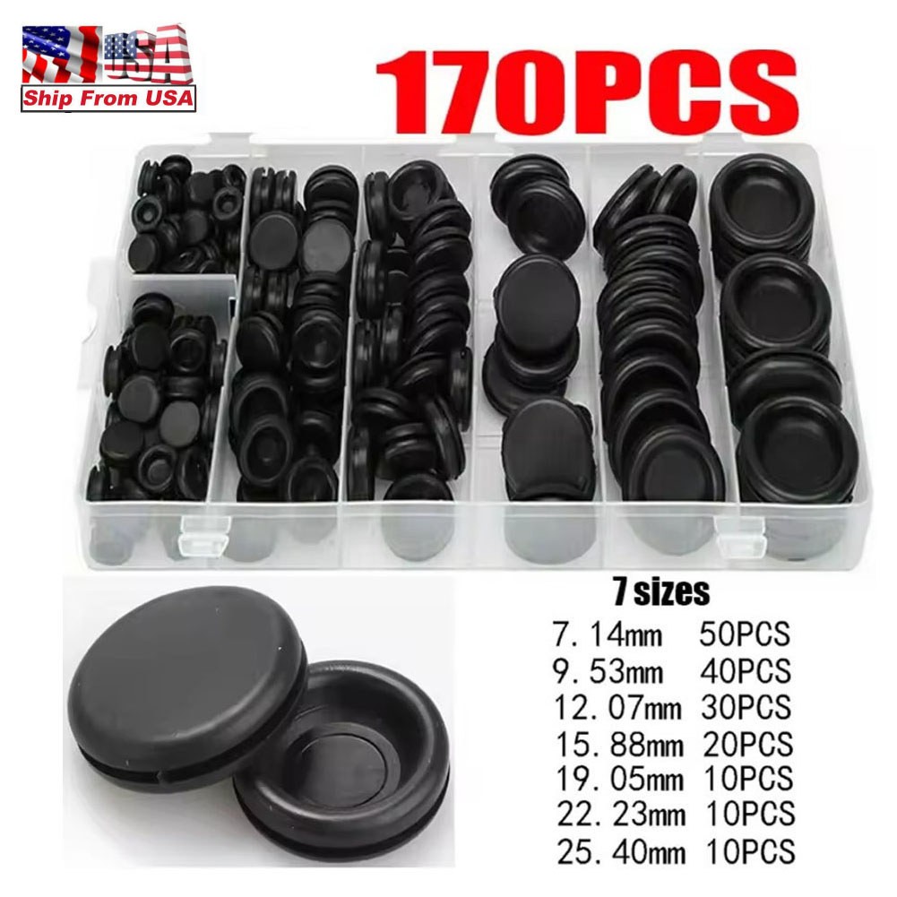 170Pcs 7 Sizes Rubber Grommet Kit Electrical Wire Gasket Solid Hole Plugs Repair