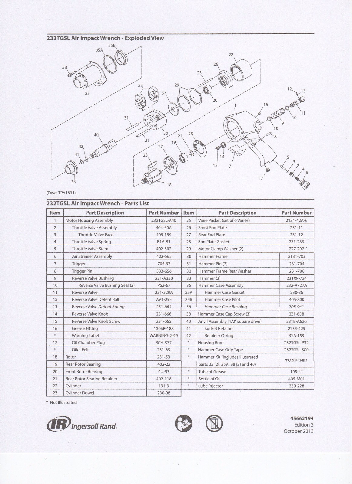IR 231-TK3 TUNE UP KIT – IR 231 / IR 231C 1/2” IMPACT REPAIR PARTS 232THUNDERGUN