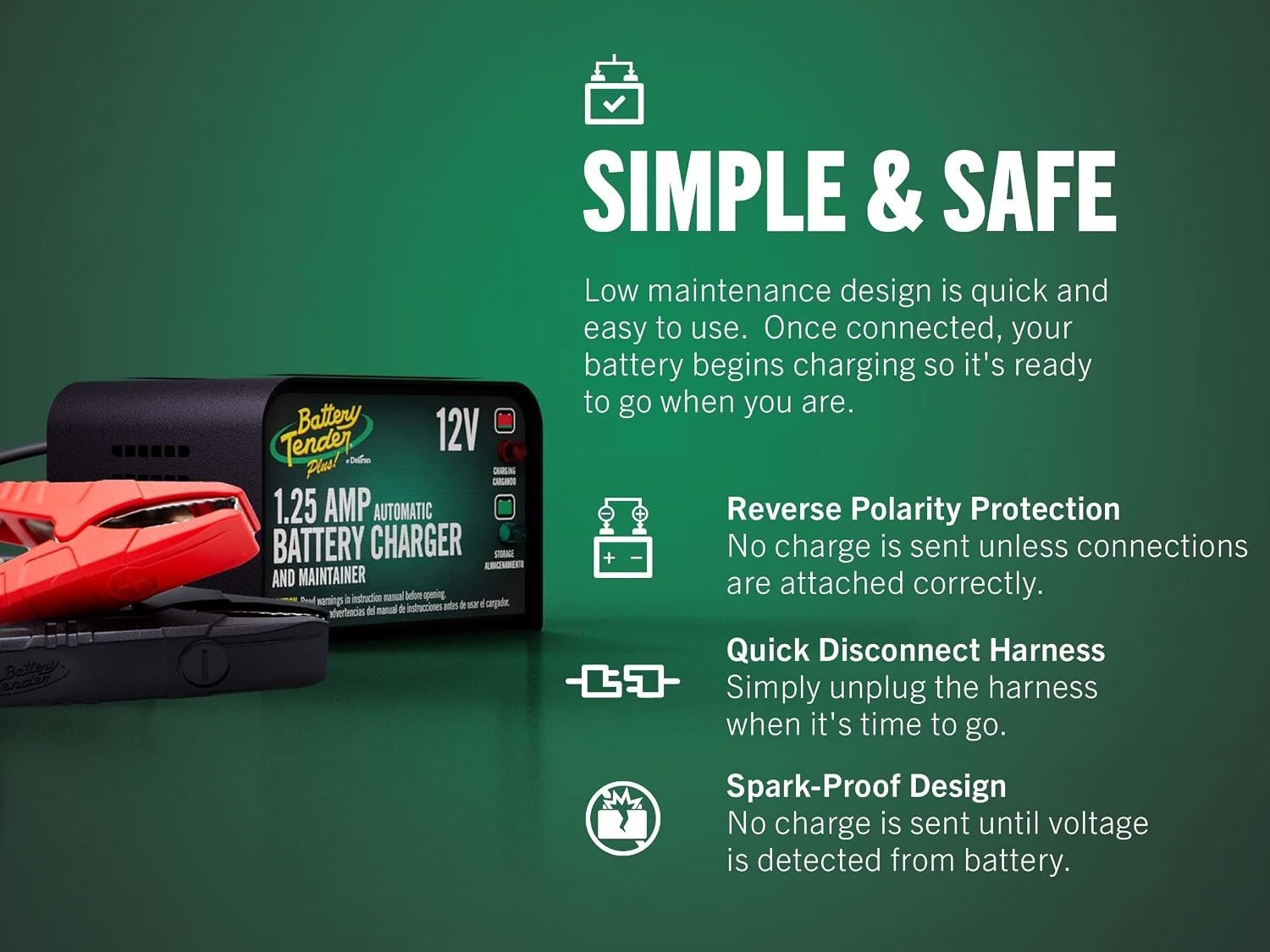 Compact 12V Battery Charger: 1.25A Smart Maintainer for Automotive Use